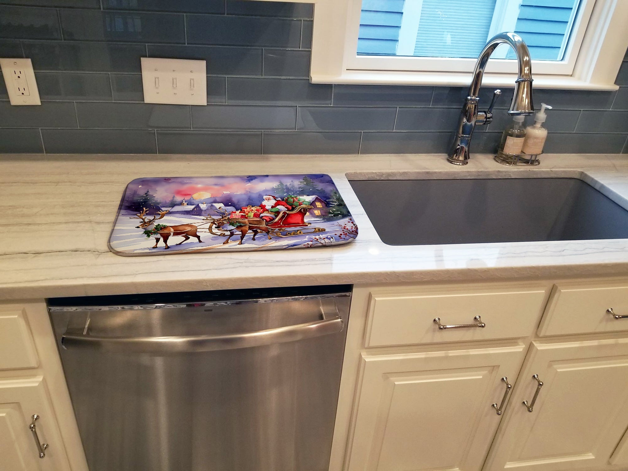 Santa Sleigh Village Night Christmas Watercolor Dish Drying Mat Absorbent Dish Drying Mat Pad for Kitchen Counter Dish Drainer Mat for Countertop, 14 x 21", Multicolor