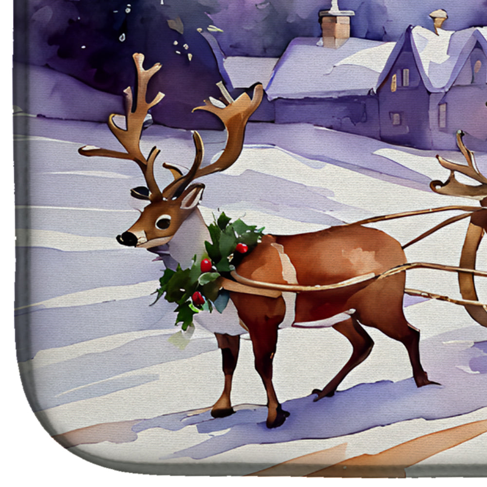 Santa Sleigh Village Night Christmas Watercolor Dish Drying Mat Absorbent Dish Drying Mat Pad for Kitchen Counter Dish Drainer Mat for Countertop, 14 x 21", Multicolor
