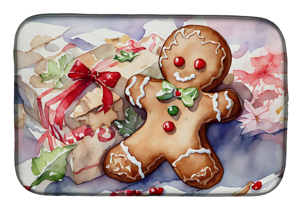Gingerbread Cookie with Gift Christmas Watercolor Dish Drying Mat Absorbent Dish Drying Mat Pad for Kitchen Counter Dish Drainer Mat for Countertop, 14 x 21", Multicolor