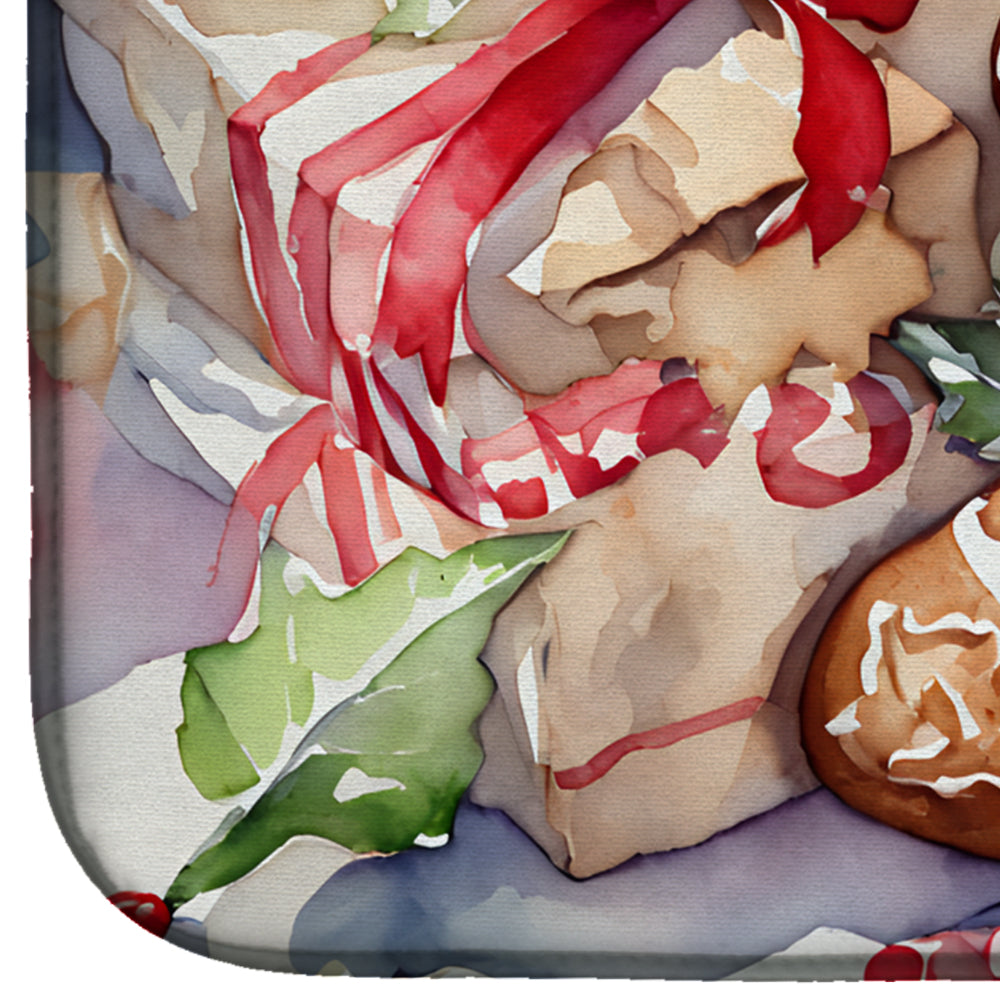 Gingerbread Cookie with Gift Christmas Watercolor Dish Drying Mat Absorbent Dish Drying Mat Pad for Kitchen Counter Dish Drainer Mat for Countertop, 14 x 21", Multicolor