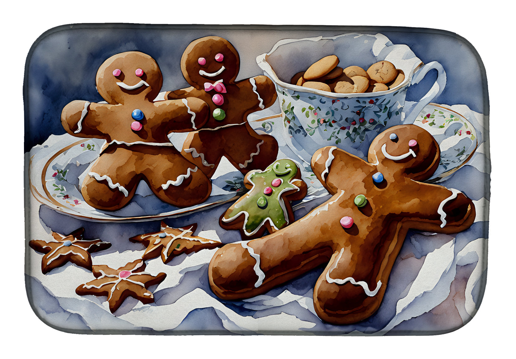 Gingerbread Cookies and Tea Christmas Watercolor Dish Drying Mat Absorbent Dish Drying Mat Pad for Kitchen Counter Dish Drainer Mat for Countertop, 14 x 21", Multicolor