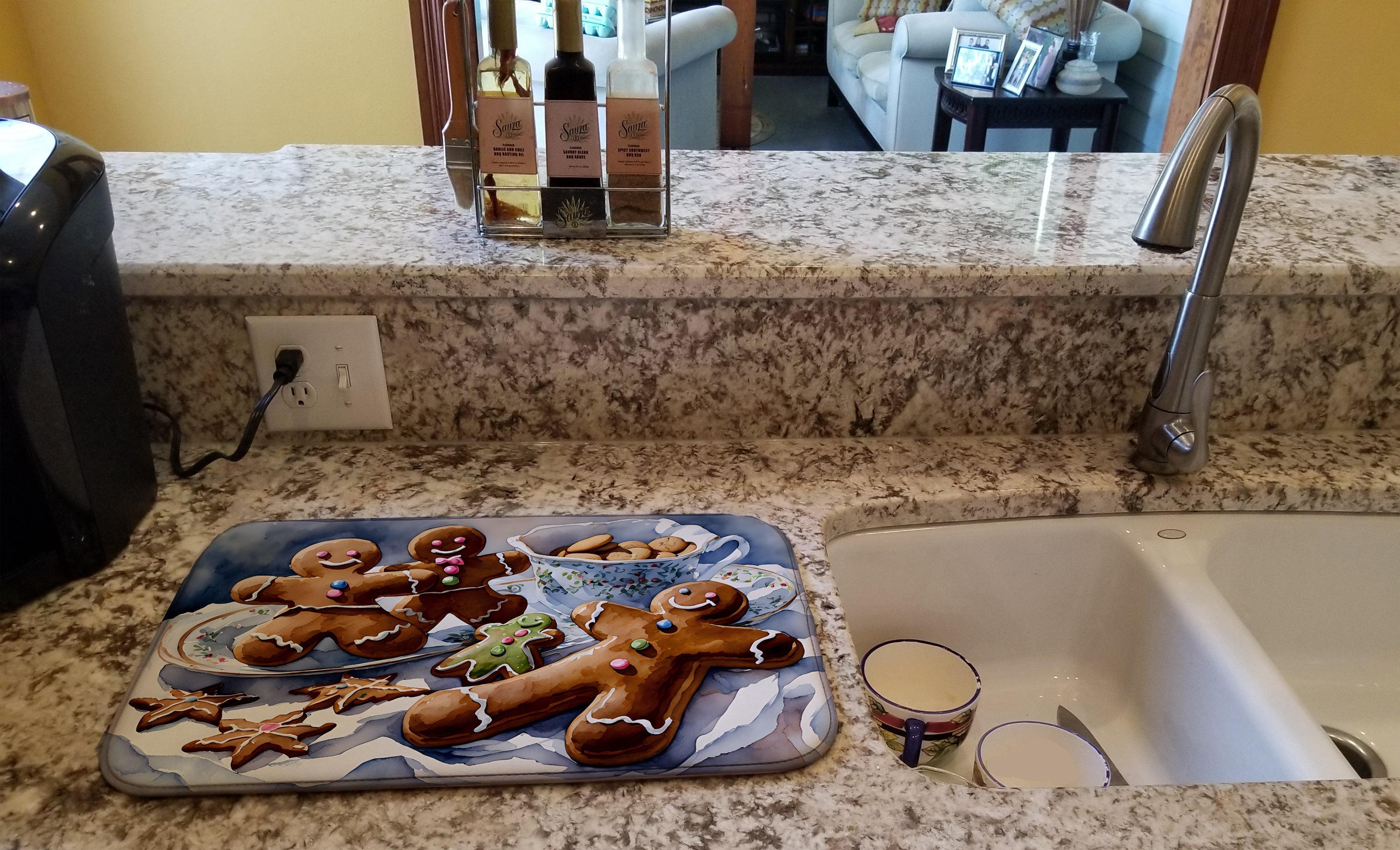 Gingerbread Cookies and Tea Christmas Watercolor Dish Drying Mat Absorbent Dish Drying Mat Pad for Kitchen Counter Dish Drainer Mat for Countertop, 14 x 21", Multicolor