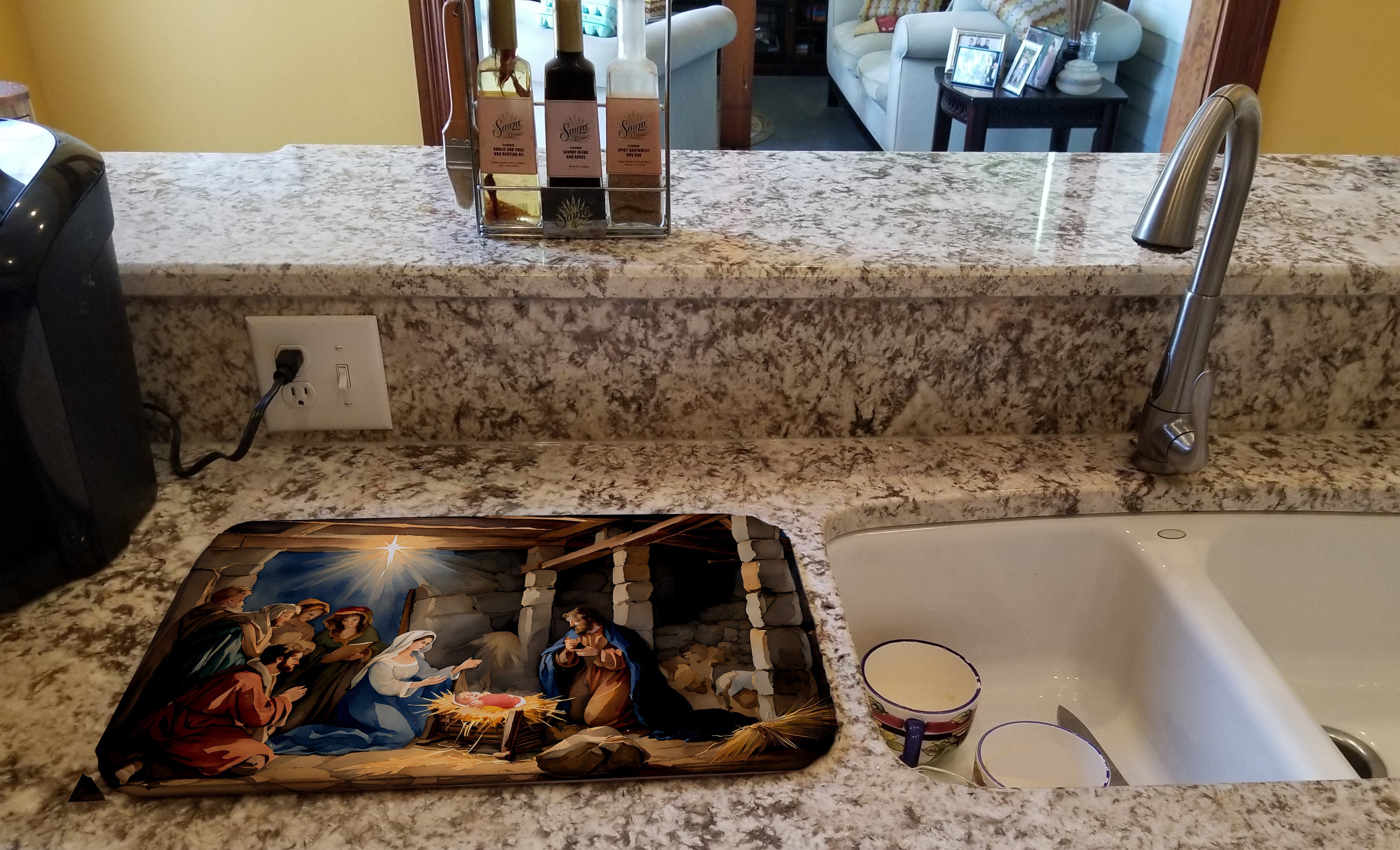 Nativity Scene Christmas Birth of Jesus Watercolor Dish Drying Mat Absorbent Dish Drying Mat Pad for Kitchen Counter Dish Drainer Mat for Countertop, 14 x 21", Multicolor