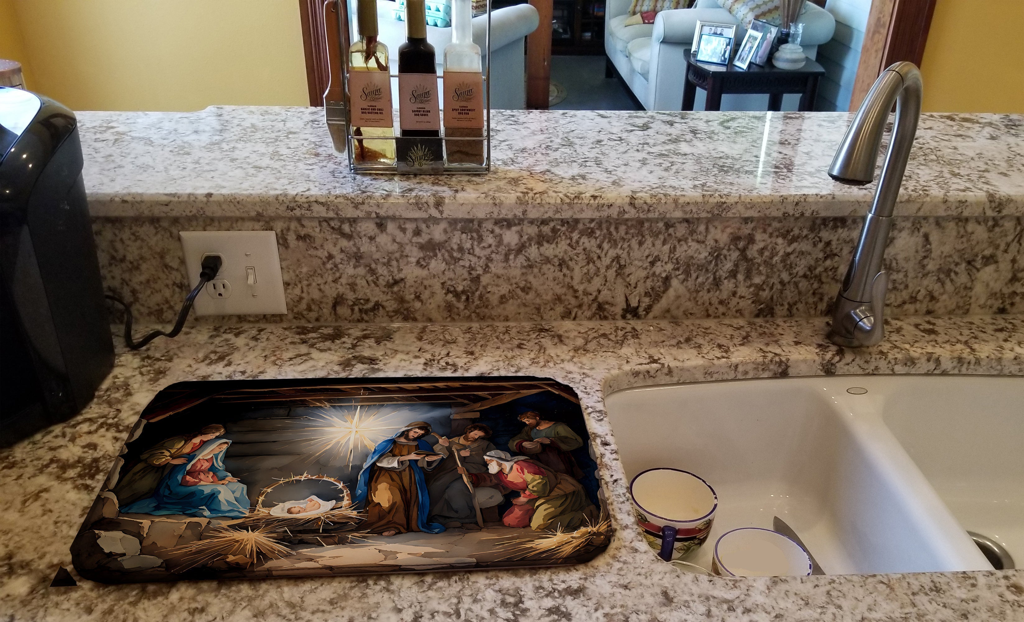 Nativity Gathering Holy Family Christmas Watercolor Dish Drying Mat Absorbent Dish Drying Mat Pad for Kitchen Counter Dish Drainer Mat for Countertop, 14 x 21", Multicolor