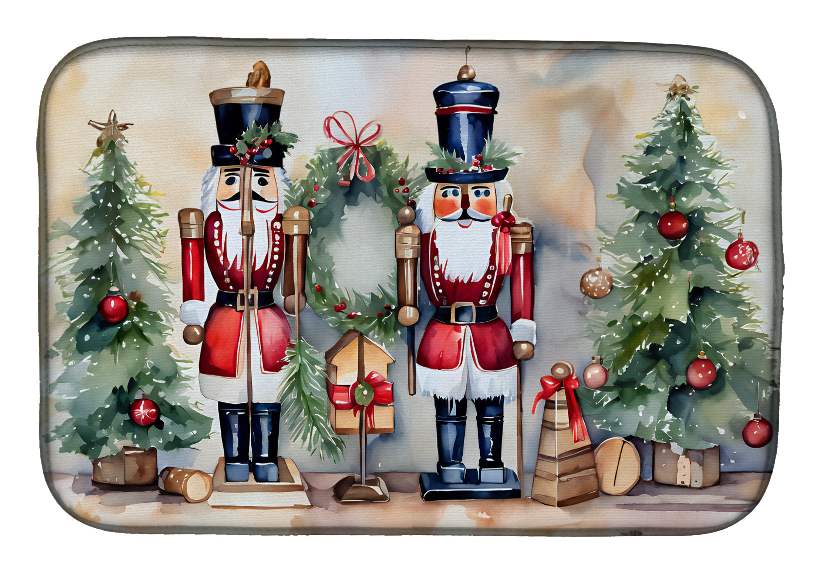 Nutcracker Soldiers with Christmas Tree Watercolor Dish Drying Mat Absorbent Dish Drying Mat Pad for Kitchen Counter Dish Drainer Mat for Countertop, 14 x 21", Multicolor