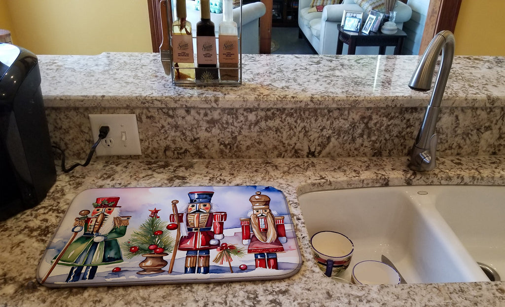 Nutcracker Soldiers Holiday Arrangement Watercolor Dish Drying Mat Absorbent Dish Drying Mat Pad for Kitchen Counter Dish Drainer Mat for Countertop, 14 x 21", Multicolor