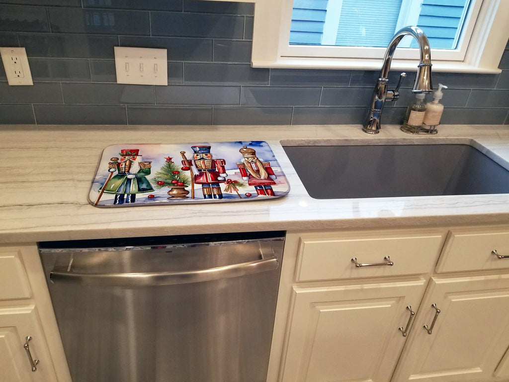 Nutcracker Soldiers Holiday Arrangement Watercolor Dish Drying Mat Absorbent Dish Drying Mat Pad for Kitchen Counter Dish Drainer Mat for Countertop, 14 x 21", Multicolor