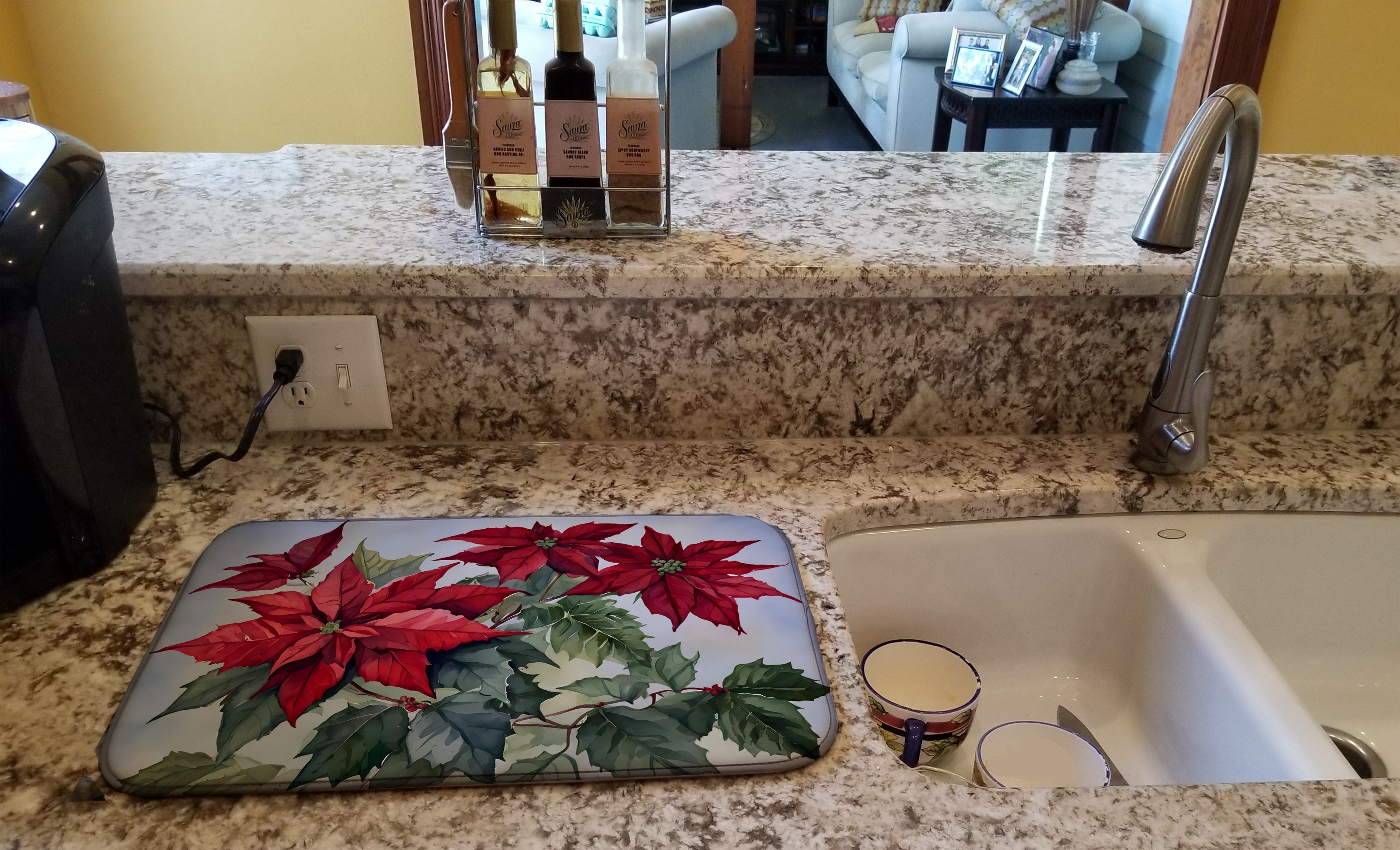 Poinsettia Christmas Flower Watercolor Dish Drying Mat Absorbent Dish Drying Mat Pad for Kitchen Counter Dish Drainer Mat for Countertop, 14 x 21", Multicolor