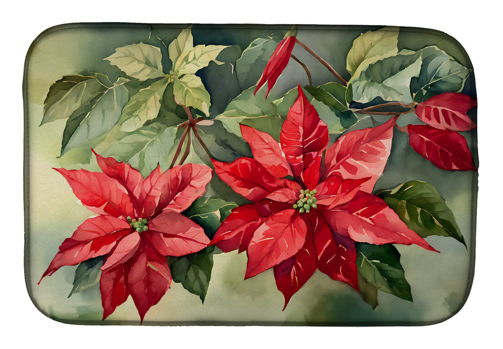 Poinsettia Plant Botanical Christmas Watercolor Dish Drying Mat Absorbent Dish Drying Mat Pad for Kitchen Counter Dish Drainer Mat for Countertop, 14 x 21", Multicolor
