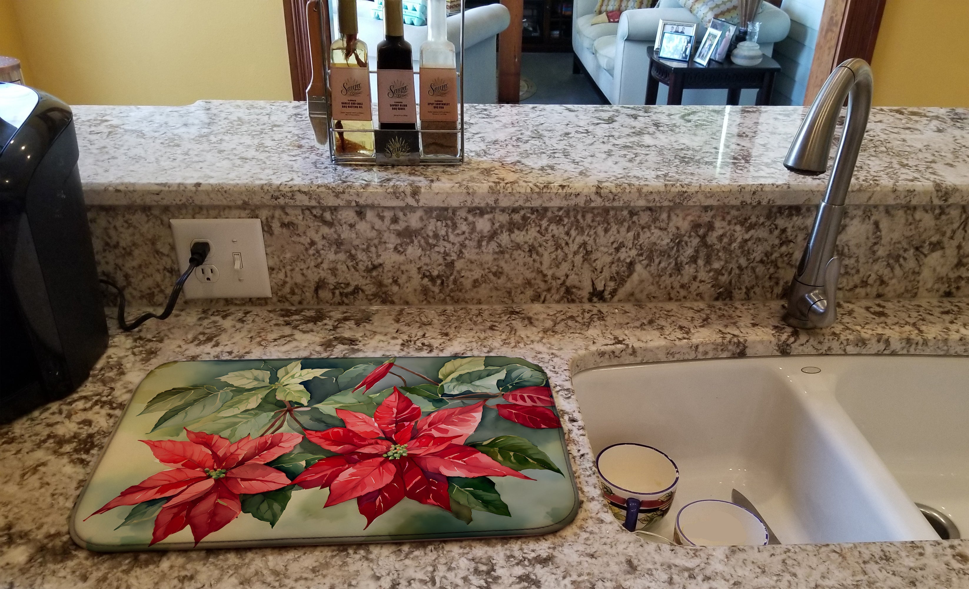 Poinsettia Plant Botanical Christmas Watercolor Dish Drying Mat Absorbent Dish Drying Mat Pad for Kitchen Counter Dish Drainer Mat for Countertop, 14 x 21", Multicolor