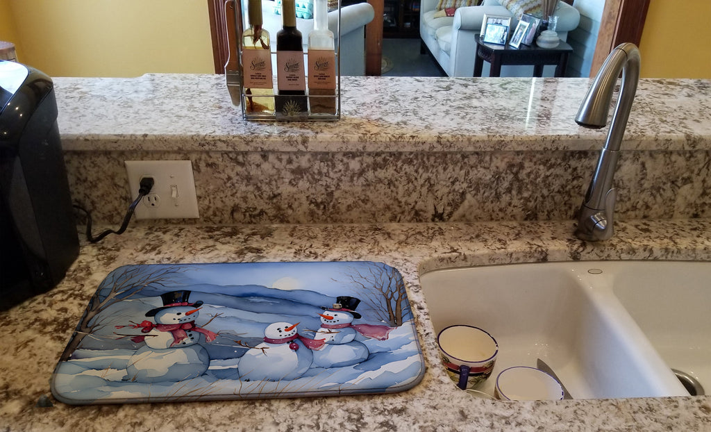 Christmas Snowman Family Winter Landscape Watercolor Dish Drying Mat Absorbent Dish Drying Mat Pad for Kitchen Counter Dish Drainer Mat for Countertop, 14 x 21", Multicolor