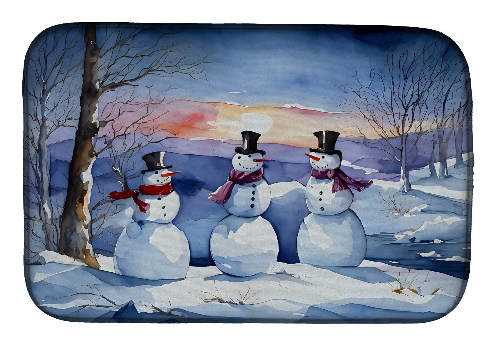 Christmas Snowmen in Snowy Field Winter Watercolor Dish Drying Mat Absorbent Dish Drying Mat Pad for Kitchen Counter Dish Drainer Mat for Countertop, 14 x 21", Multicolor