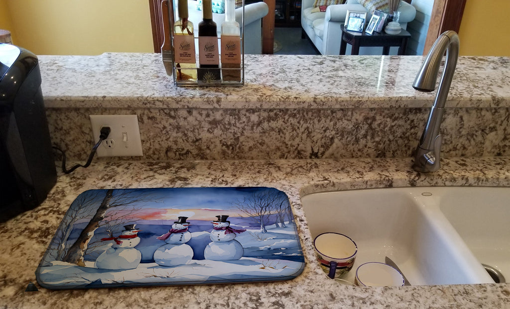 Christmas Snowmen in Snowy Field Winter Watercolor Dish Drying Mat Absorbent Dish Drying Mat Pad for Kitchen Counter Dish Drainer Mat for Countertop, 14 x 21", Multicolor