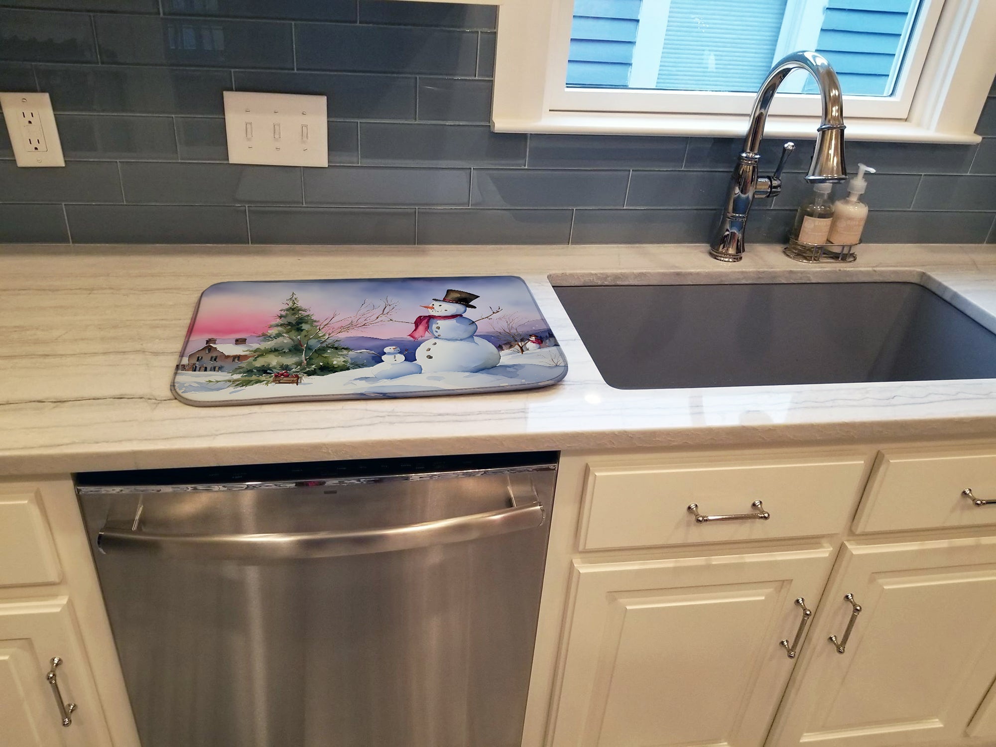 Snowman Winter Landscape Christmas Watercolor Dish Drying Mat Absorbent Dish Drying Mat Pad for Kitchen Counter Dish Drainer Mat for Countertop, 14 x 21", Multicolor