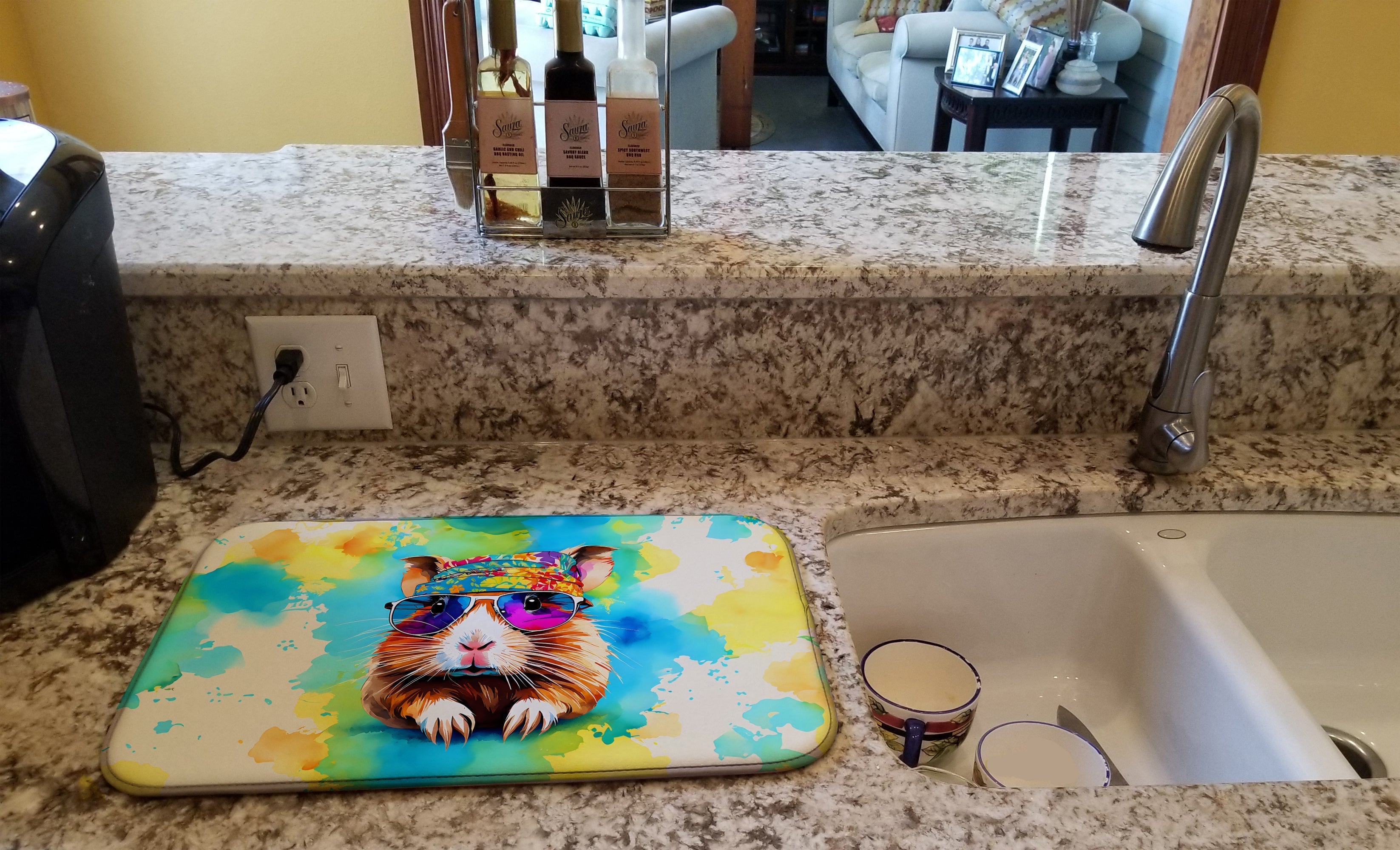 Hippie Animal Guinea Pig Dish Drying Mat Absorbent Dish Drying Mat Pad for Kitchen Counter Dish Drainer Mat for Countertop, 14 x 21", Multicolor