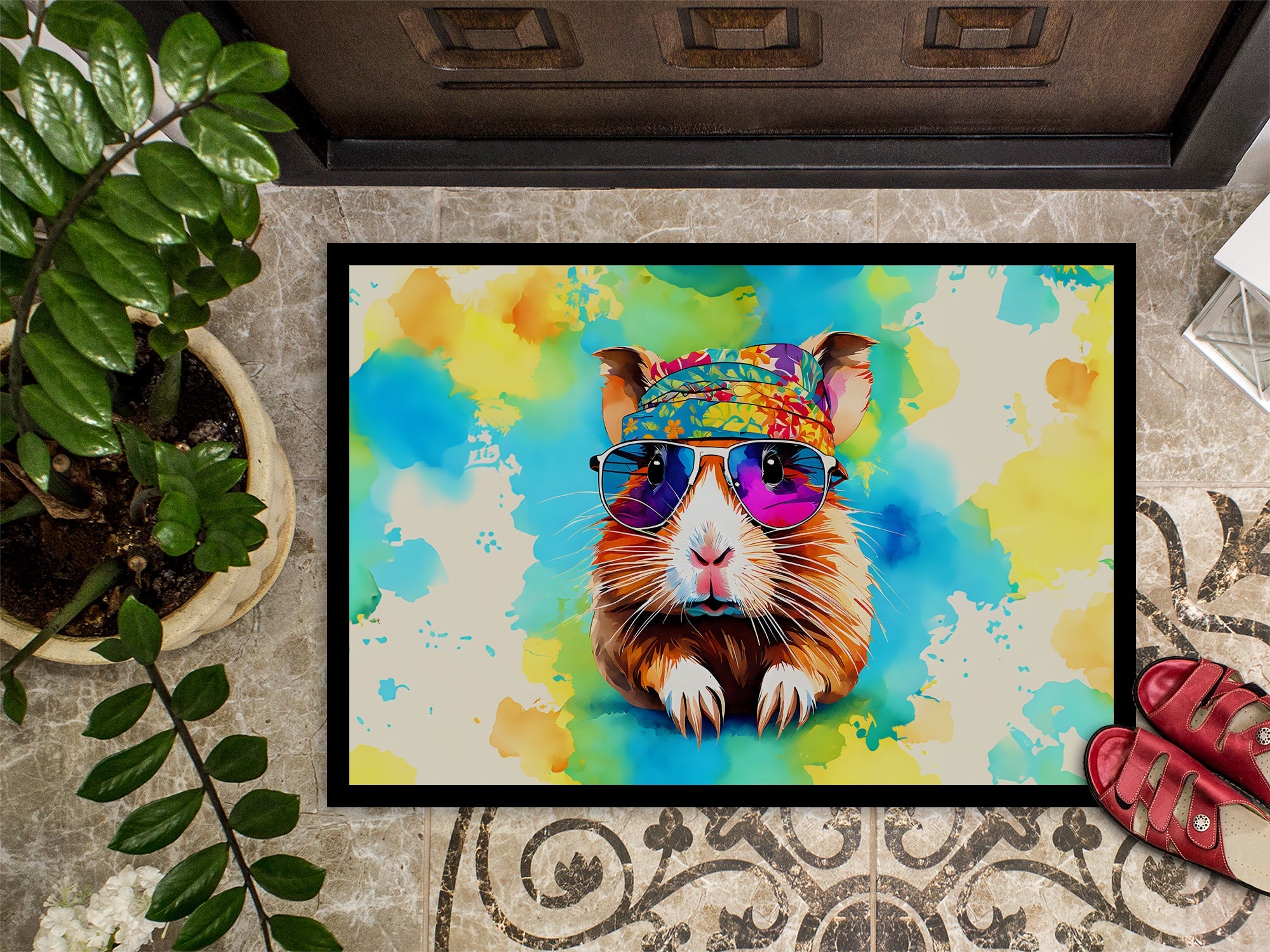 Hippie Animal Guinea Pig Doormat Indoor Outdoor 24H X 36W Front Door Mat Rugs for Entryway, Non Slip Washable Low Pile,