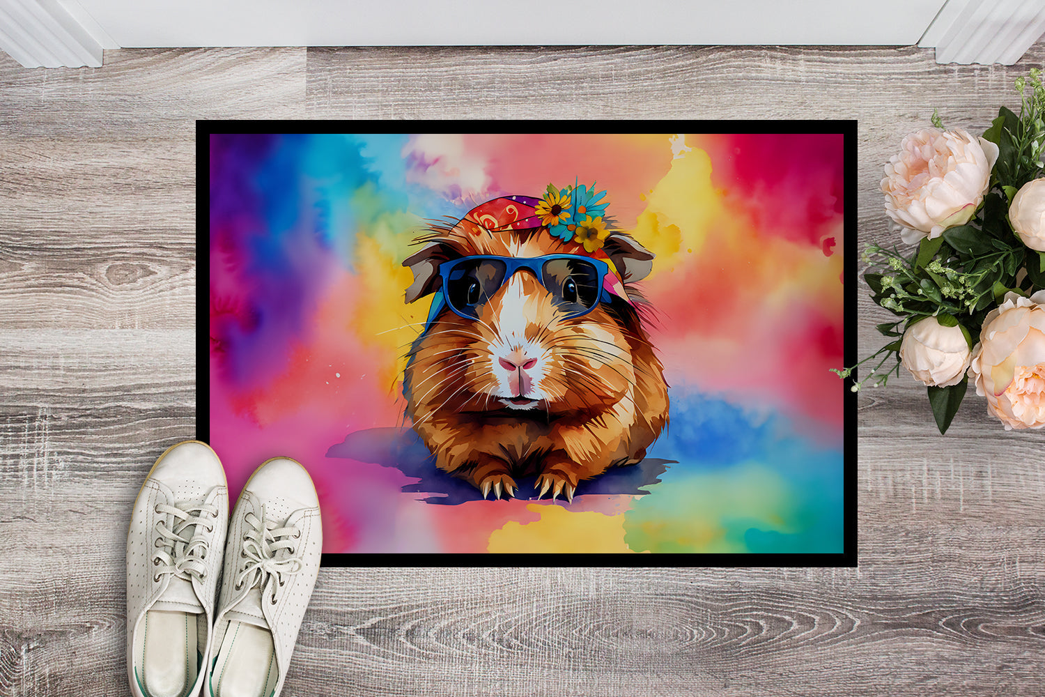 Hippie Animal Guinea Pig Doormat Indoor Outdoor 24H X 36W Front Door Mat Rugs for Entryway, Non Slip Washable Low Pile,
