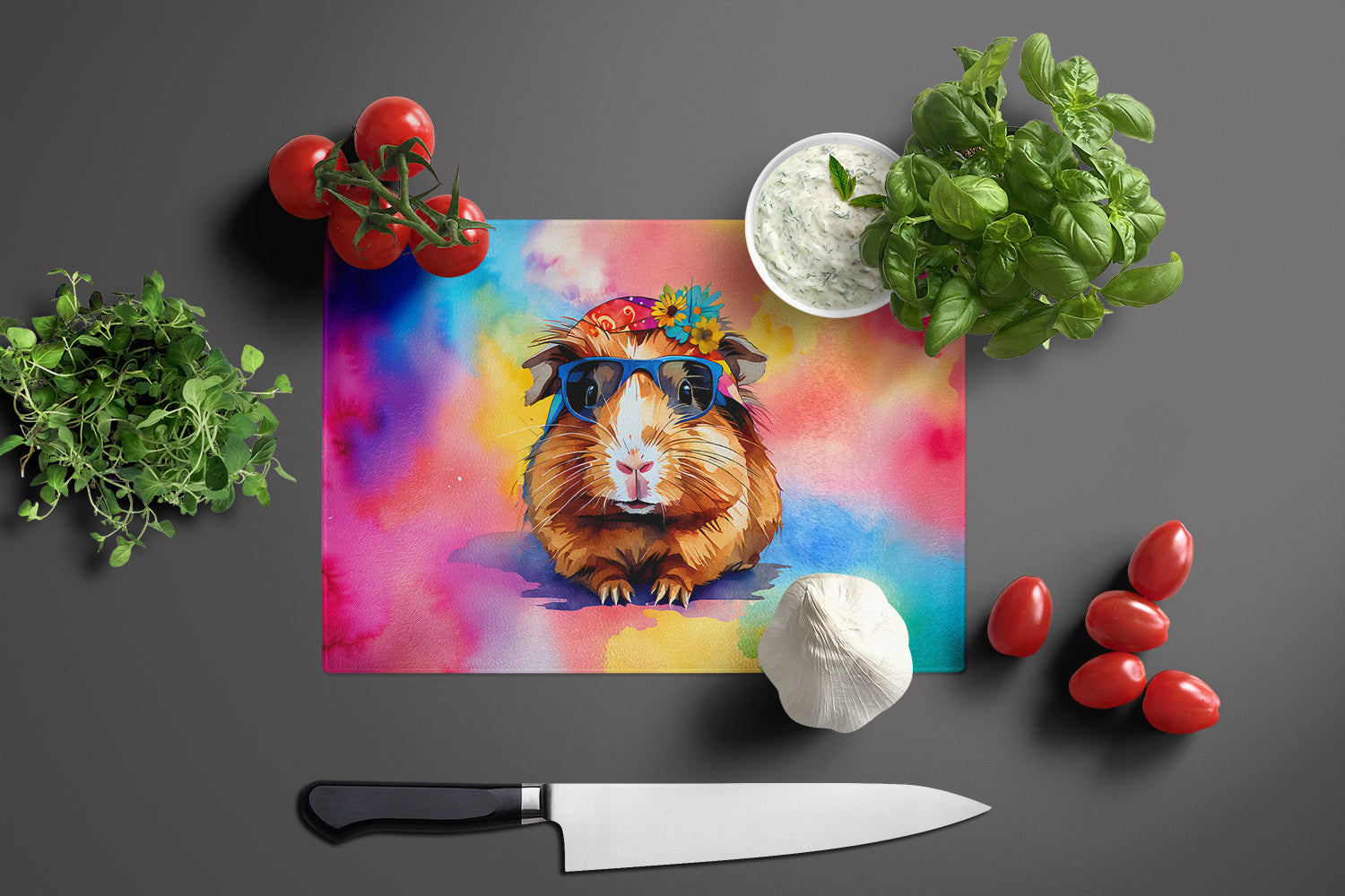 Hippie Animal Guinea Pig Cutting Board Tempered Glass Kitchen Cutting Surface, Heat Resistant Chopping, Non-Slip Feet, Food Prep & Serving