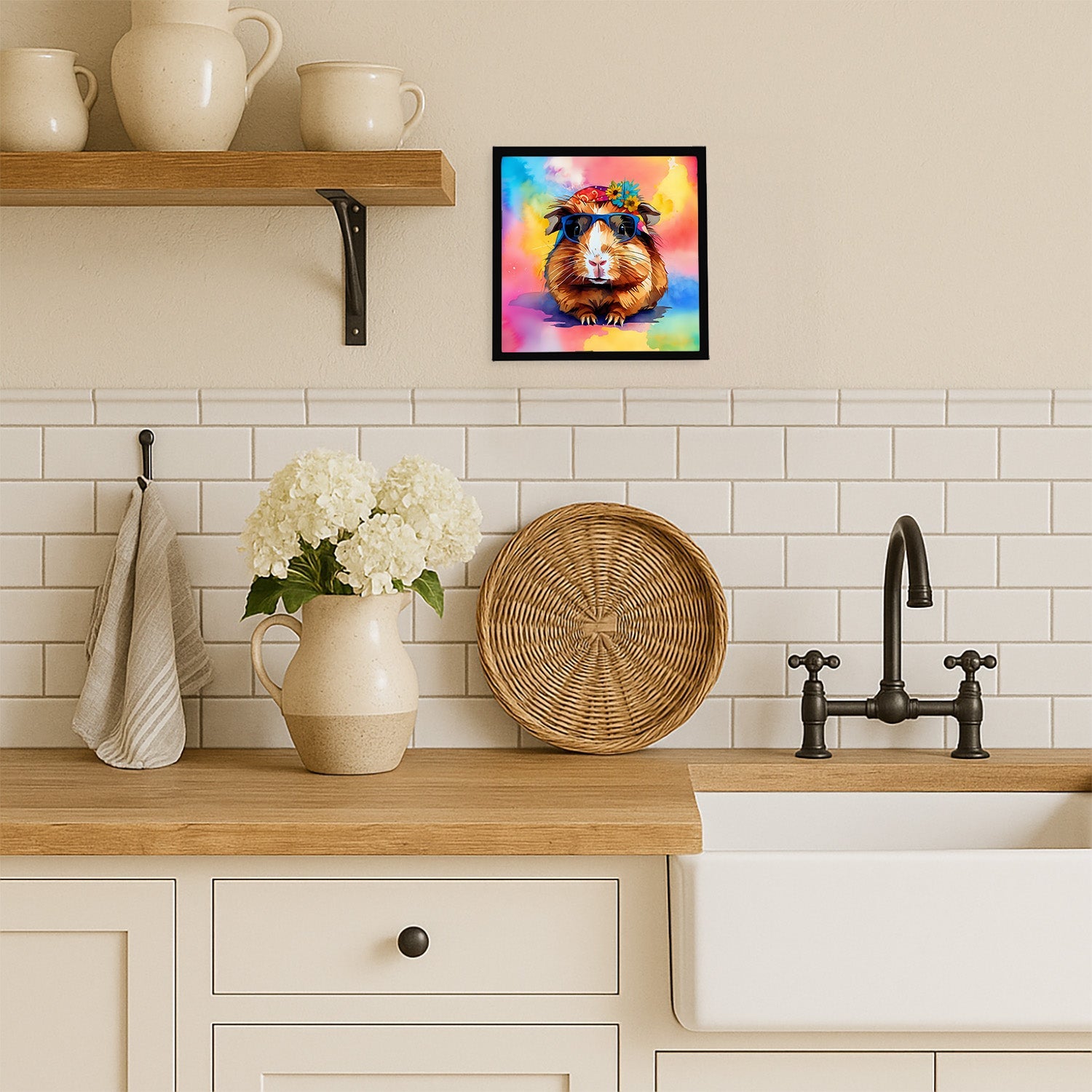 Hippie Animal Guinea Pig Framed Metal Print Bathroom, Kitchen, Office, Home Decor Wall Art Ready to Hang, Square, 8X8