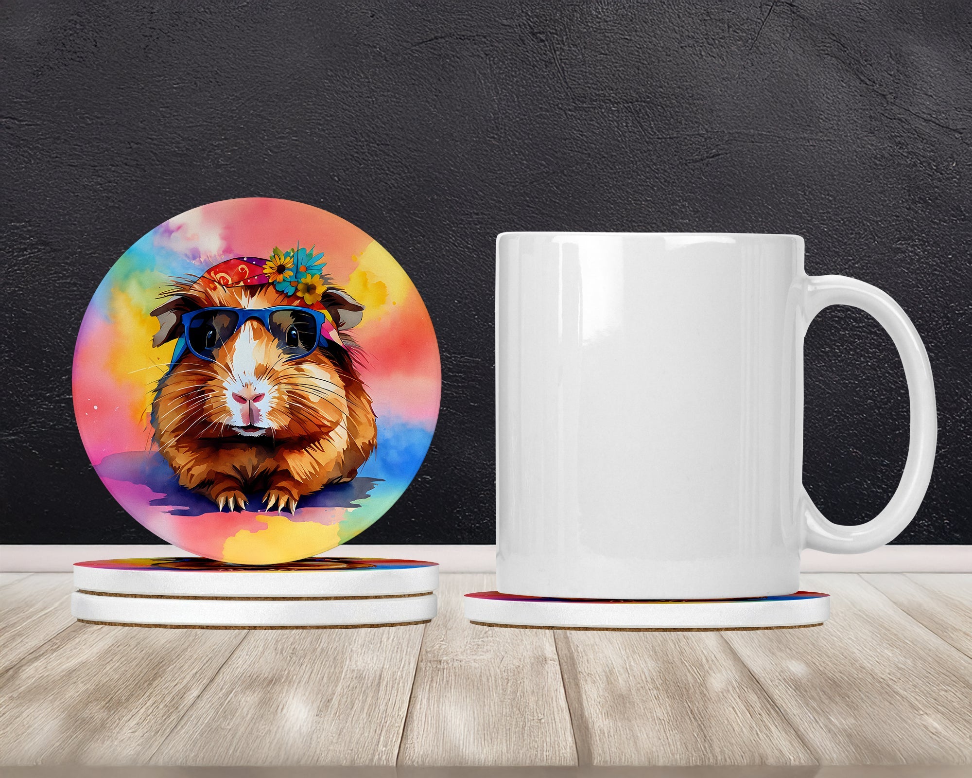 Hippie Animal Guinea Pig Large Sandstone Coasters Pack of 4 Absorbent Round Coasters Decor Gifts for Men or Women, 4 in, Multicolor