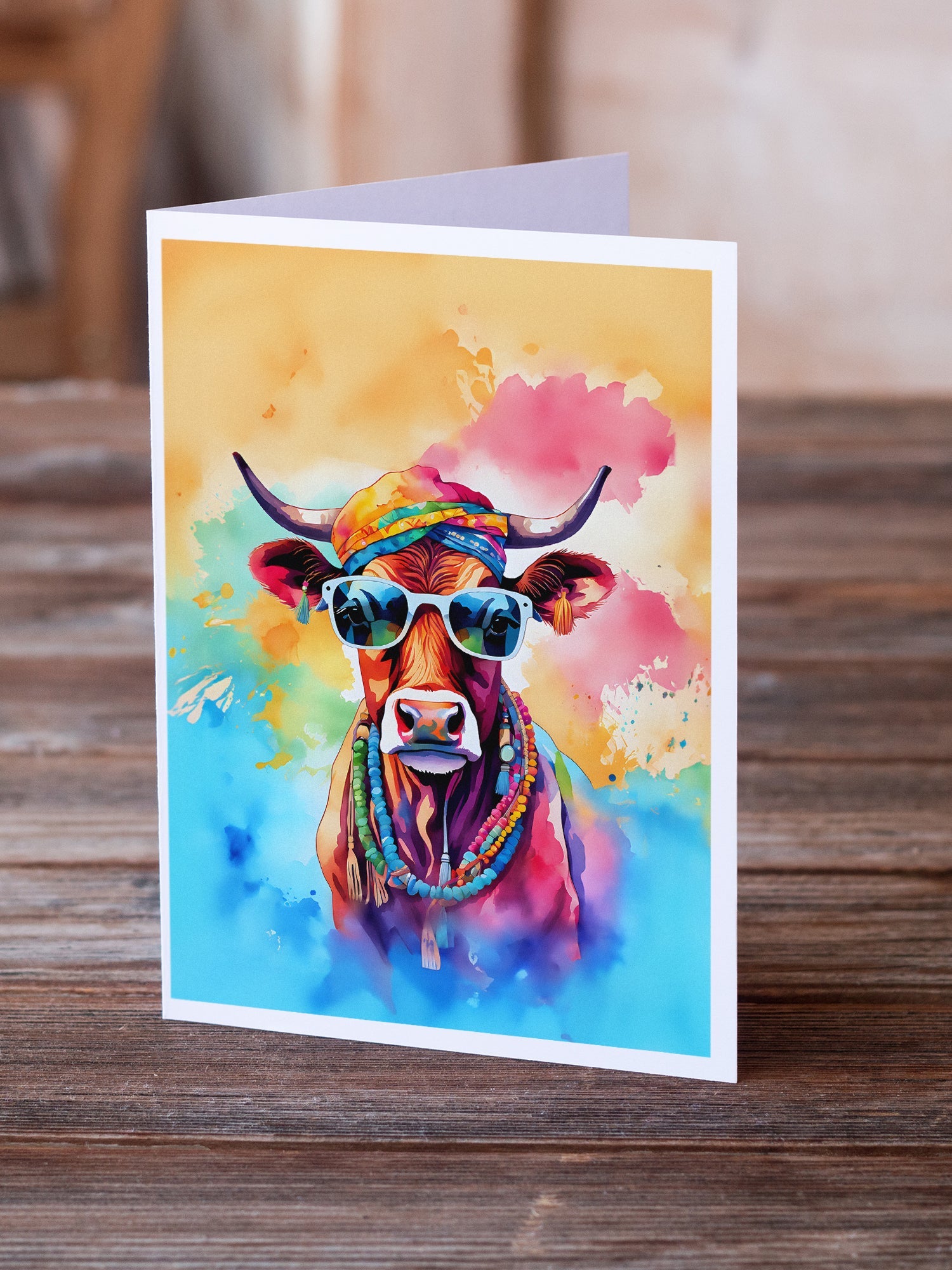 Hippie Animal Cow Greeting Cards Pack of 8 Blank Cards with Envelopes Whimsical A7 Size 5x7