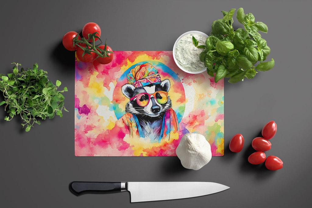 Hippie Animal Badger Cutting Board Tempered Glass Kitchen Cutting Surface, Heat Resistant Chopping, Non-Slip Feet, Food Prep & Serving