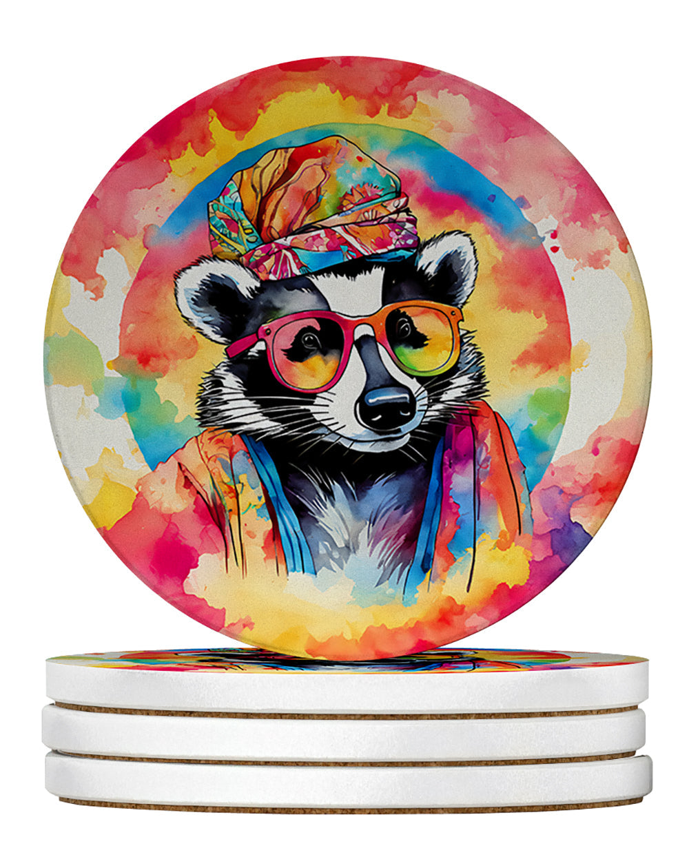 Hippie Animal Badger Large Sandstone Coasters Pack of 4 Absorbent Round Coasters Decor Gifts for Men or Women, 4 in, Multicolor
