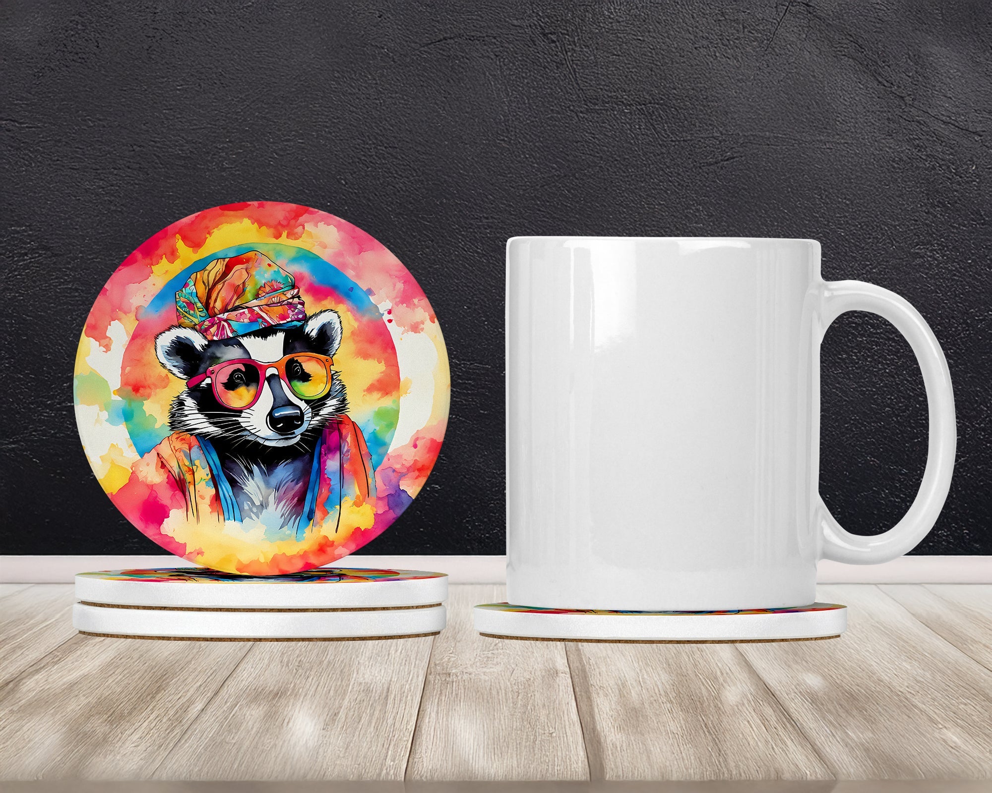 Hippie Animal Badger Large Sandstone Coasters Pack of 4 Absorbent Round Coasters Decor Gifts for Men or Women, 4 in, Multicolor