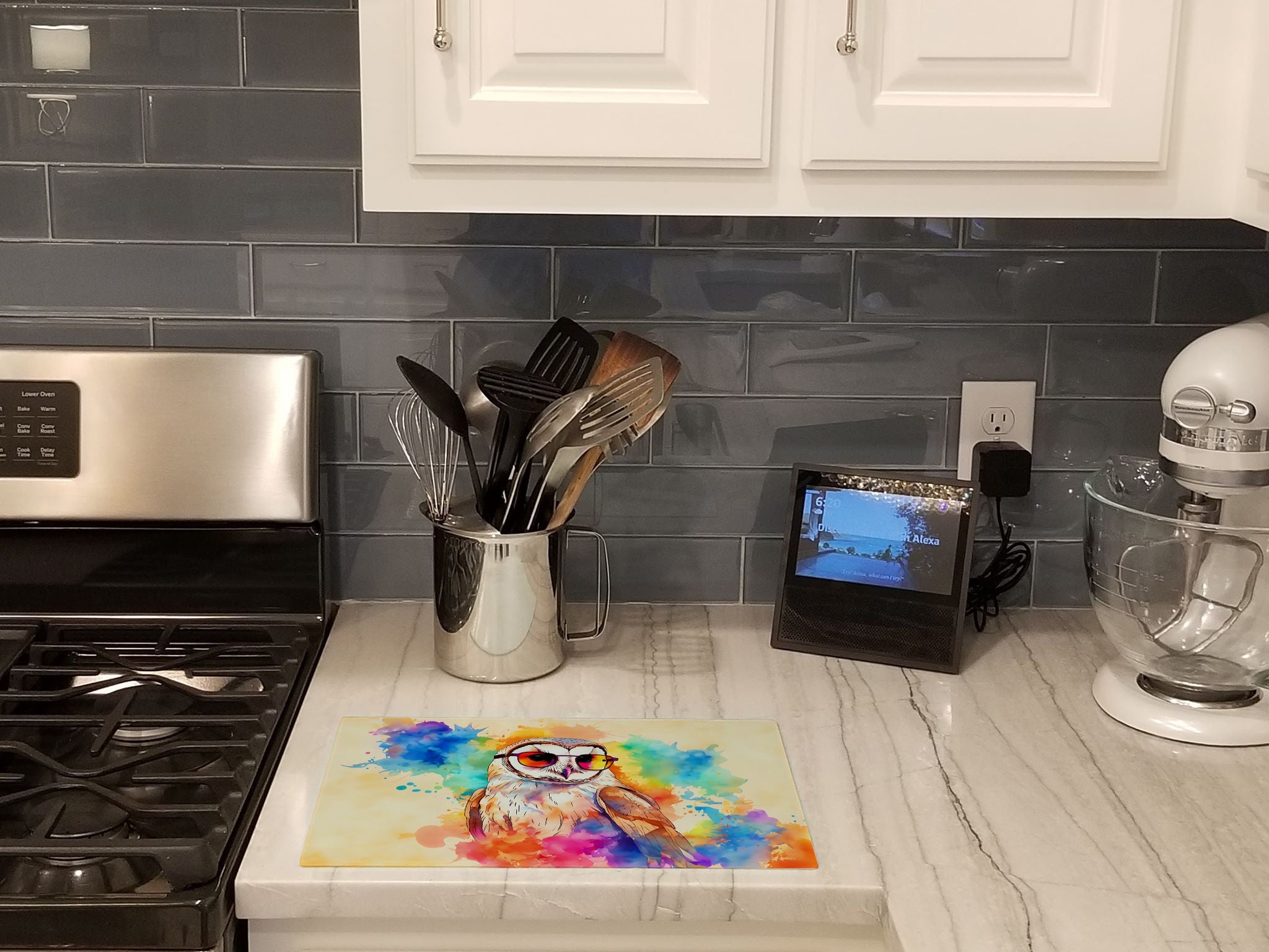 Hippie Animal Barn Owl Cutting Board Tempered Glass Kitchen Cutting Surface, Heat Resistant Chopping, Non-Slip Feet, Food Prep & Serving