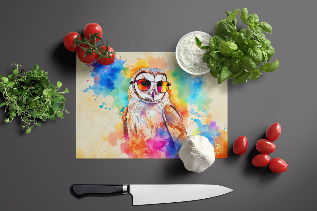 Hippie Animal Barn Owl Cutting Board Tempered Glass Kitchen Cutting Surface, Heat Resistant Chopping, Non-Slip Feet, Food Prep & Serving