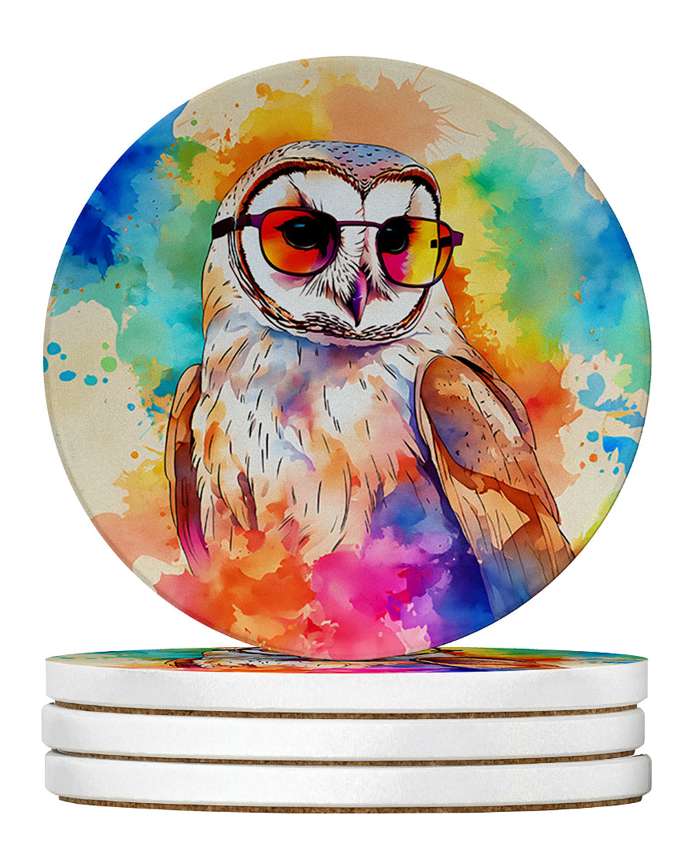 Hippie Animal Barn Owl Large Sandstone Coasters Pack of 4 Absorbent Round Coasters Decor Gifts for Men or Women, 4 in, Multicolor
