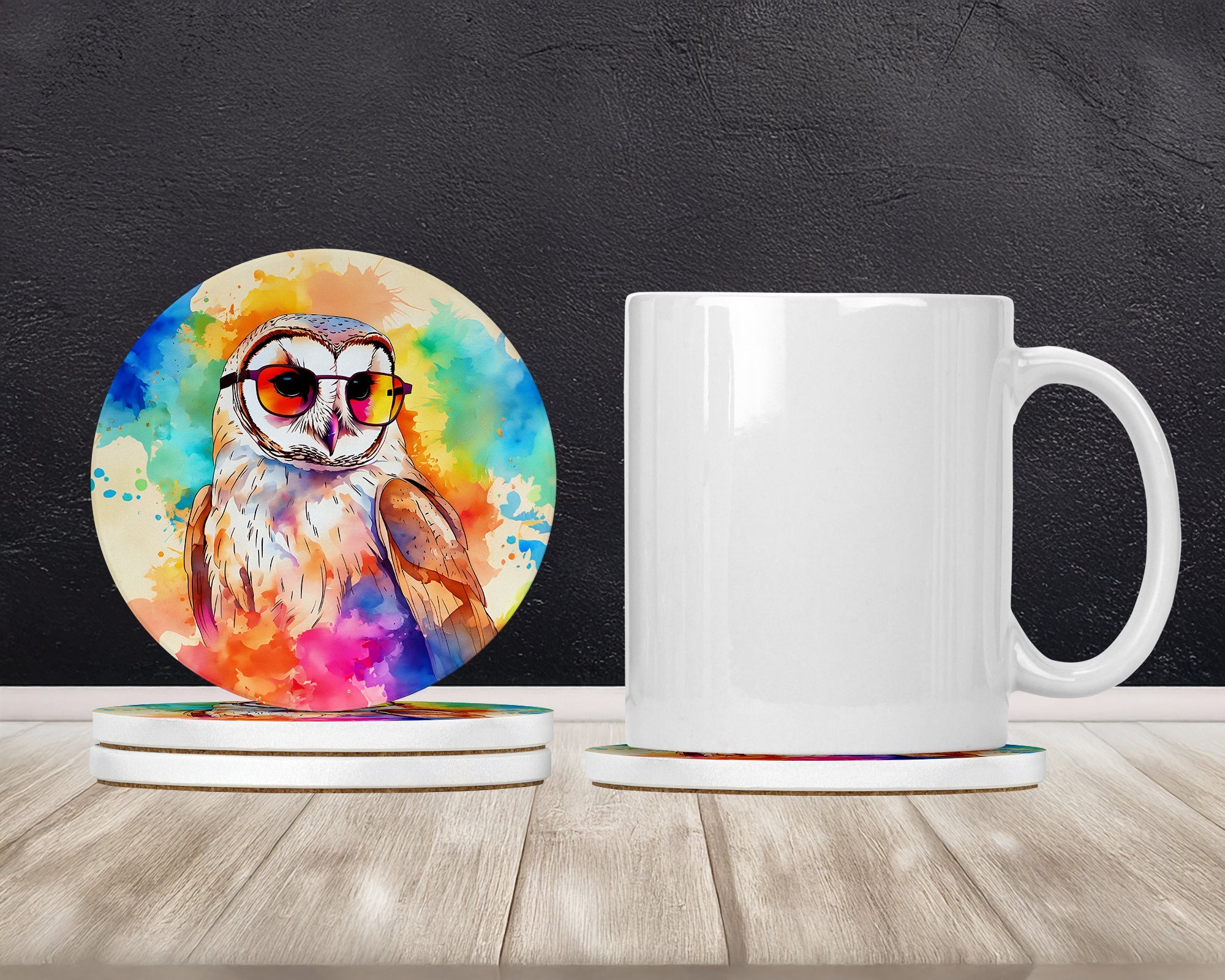 Hippie Animal Barn Owl Large Sandstone Coasters Pack of 4 Absorbent Round Coasters Decor Gifts for Men or Women, 4 in, Multicolor