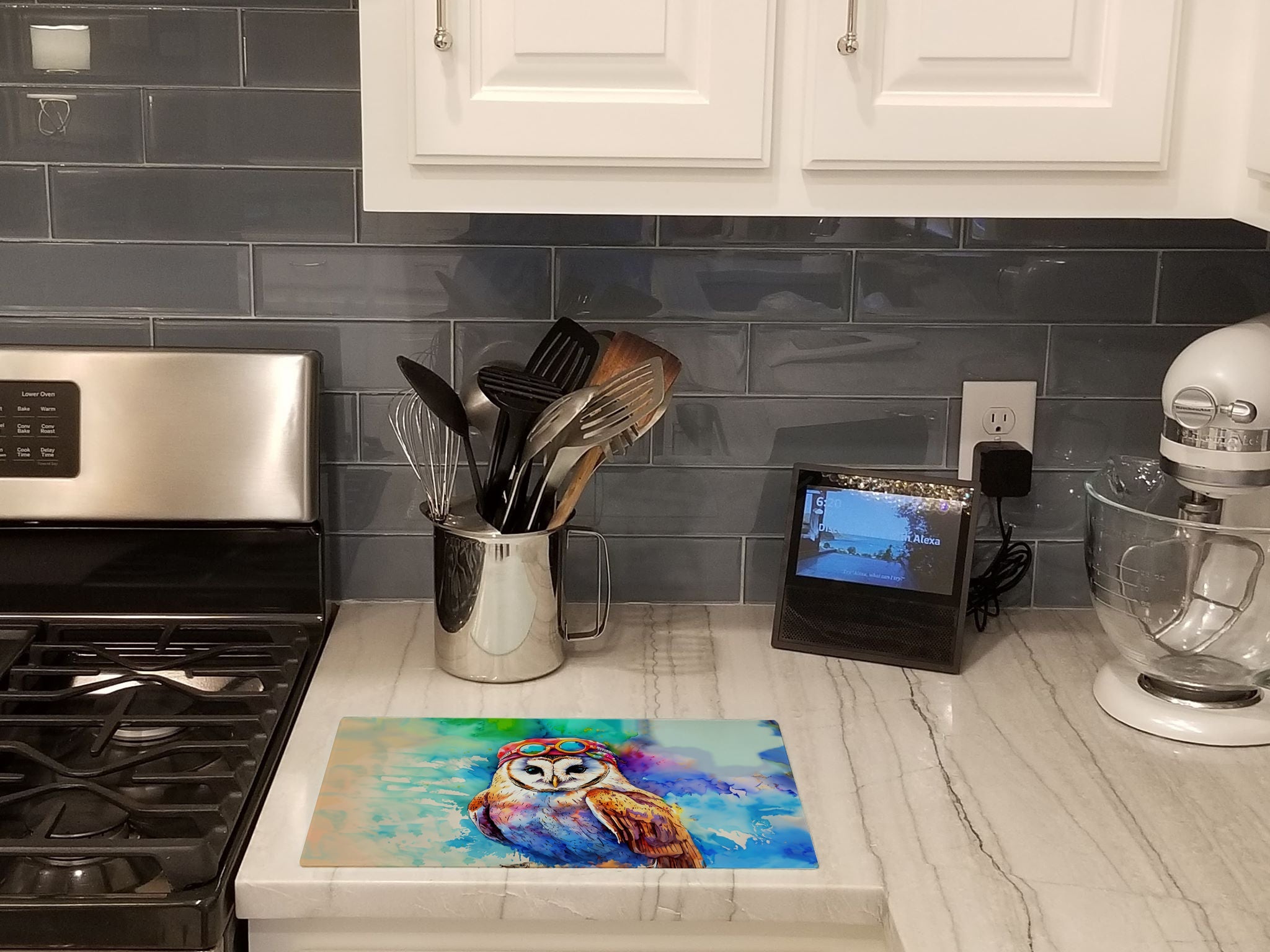 Hippie Animal Barn Owl Cutting Board Tempered Glass Kitchen Cutting Surface, Heat Resistant Chopping, Non-Slip Feet, Food Prep & Serving