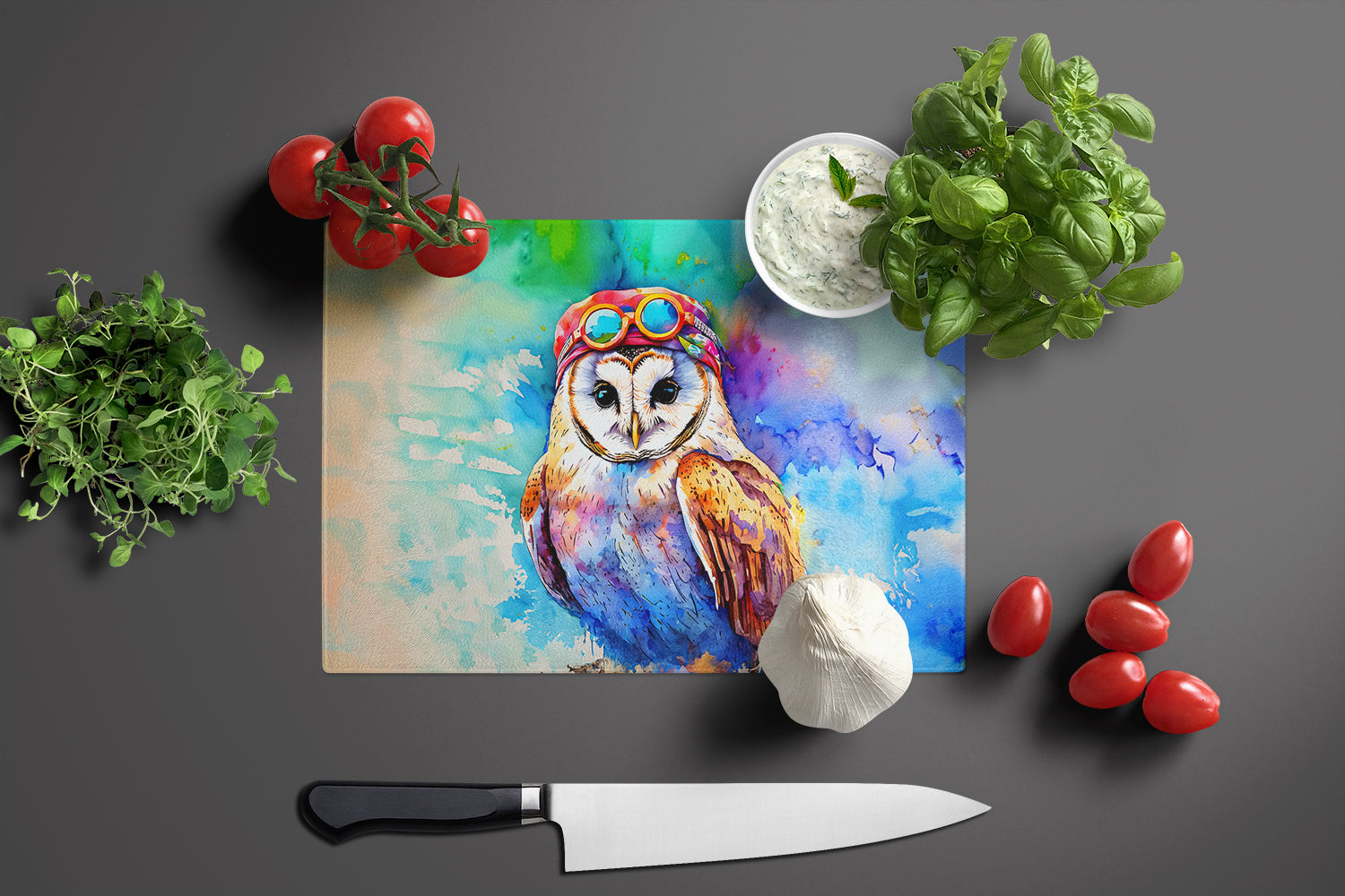 Hippie Animal Barn Owl Cutting Board Tempered Glass Kitchen Cutting Surface, Heat Resistant Chopping, Non-Slip Feet, Food Prep & Serving