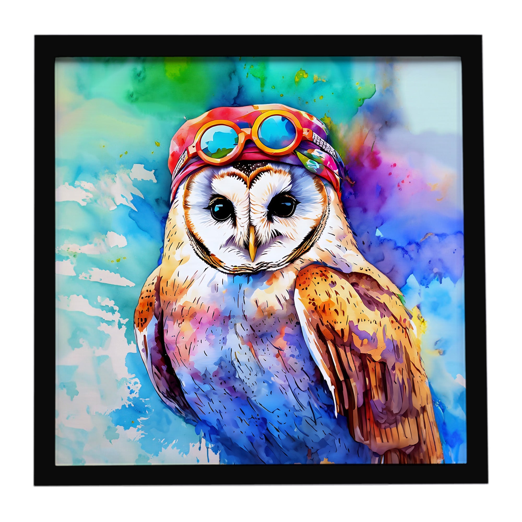Hippie Animal Barn Owl Framed Metal Print Bathroom, Kitchen, Office, Home Decor Wall Art Ready to Hang, Square, 8X8