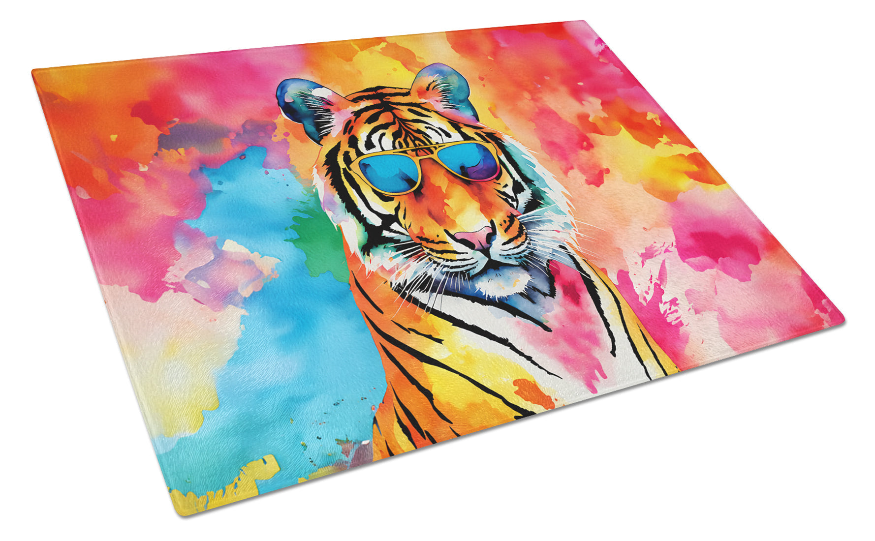 Hippie Animal Bengal Tiger Cutting Board Tempered Glass Kitchen Cutting Surface, Heat Resistant Chopping, Non-Slip Feet, Food Prep & Serving
