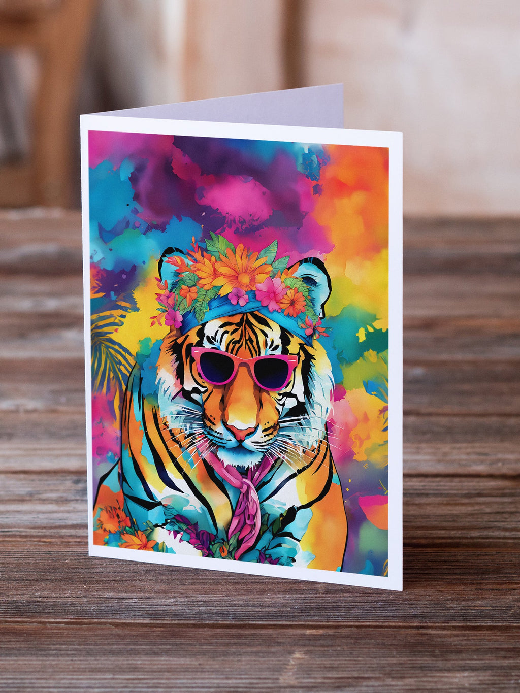 Hippie Animal Bengal Tiger Greeting Cards Pack of 8 Blank Cards with Envelopes Whimsical A7 Size 5x7