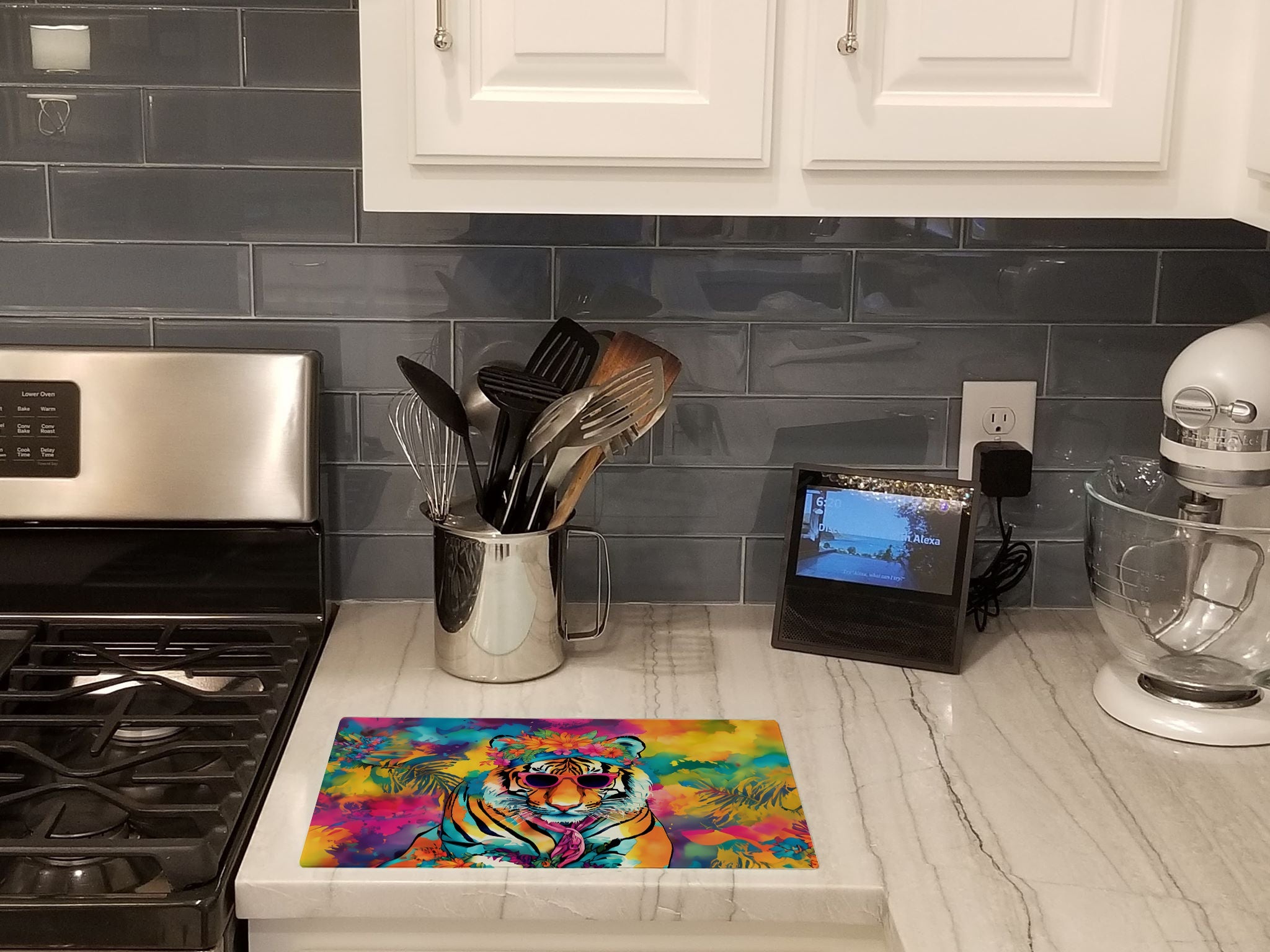 Hippie Animal Bengal Tiger Cutting Board Tempered Glass Kitchen Cutting Surface, Heat Resistant Chopping, Non-Slip Feet, Food Prep & Serving