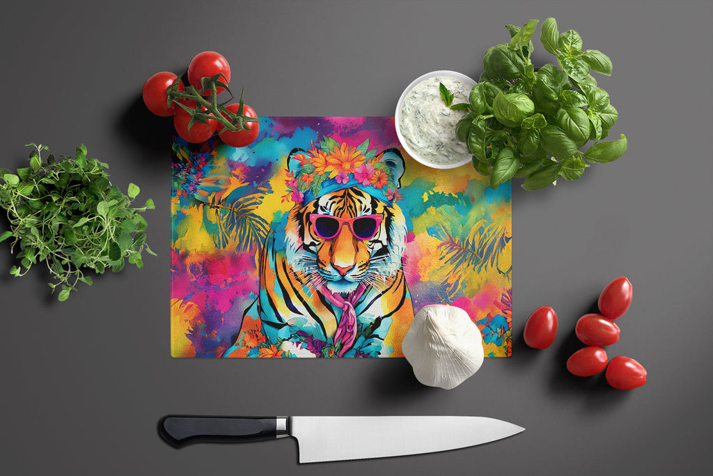 Hippie Animal Bengal Tiger Cutting Board Tempered Glass Kitchen Cutting Surface, Heat Resistant Chopping, Non-Slip Feet, Food Prep & Serving
