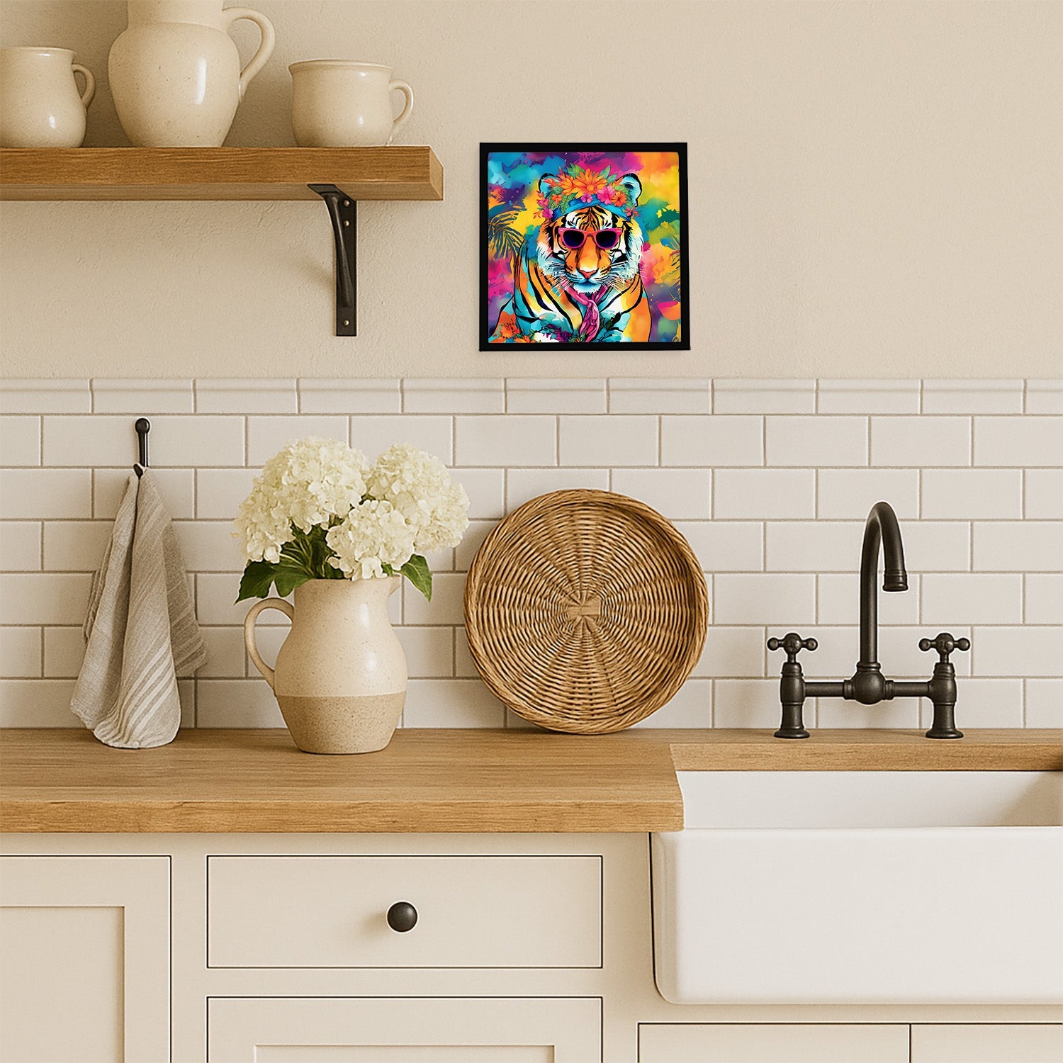 Hippie Animal Bengal Tiger Framed Metal Print Bathroom, Kitchen, Office, Home Decor Wall Art Ready to Hang, Square, 8X8