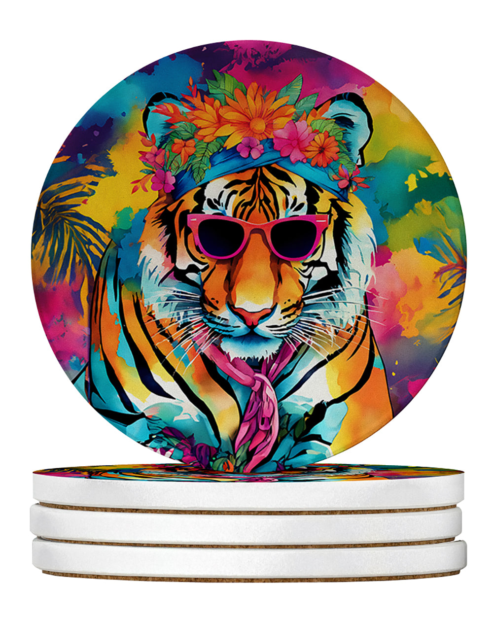 Hippie Animal Bengal Tiger Large Sandstone Coasters Pack of 4 Absorbent Round Coasters Decor Gifts for Men or Women, 4 in, Multicolor