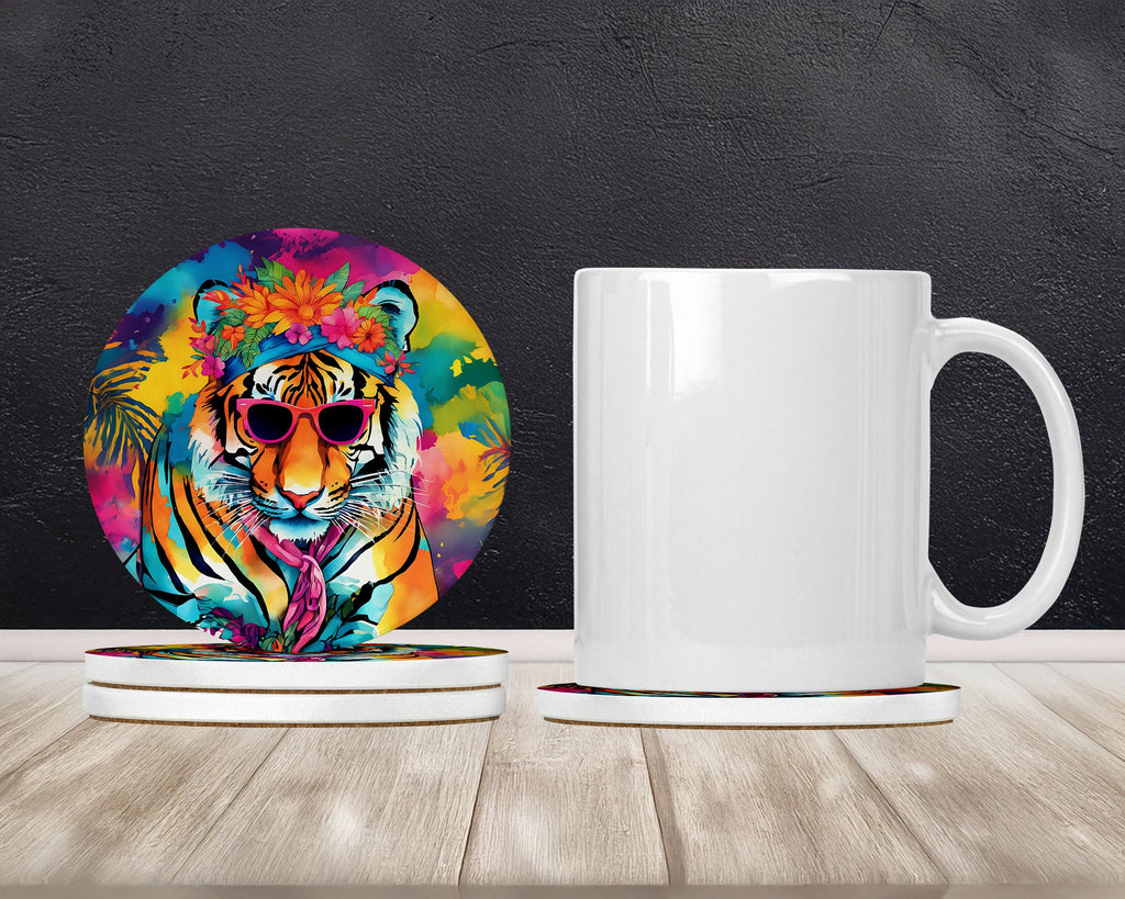 Hippie Animal Bengal Tiger Large Sandstone Coasters Pack of 4 Absorbent Round Coasters Decor Gifts for Men or Women, 4 in, Multicolor