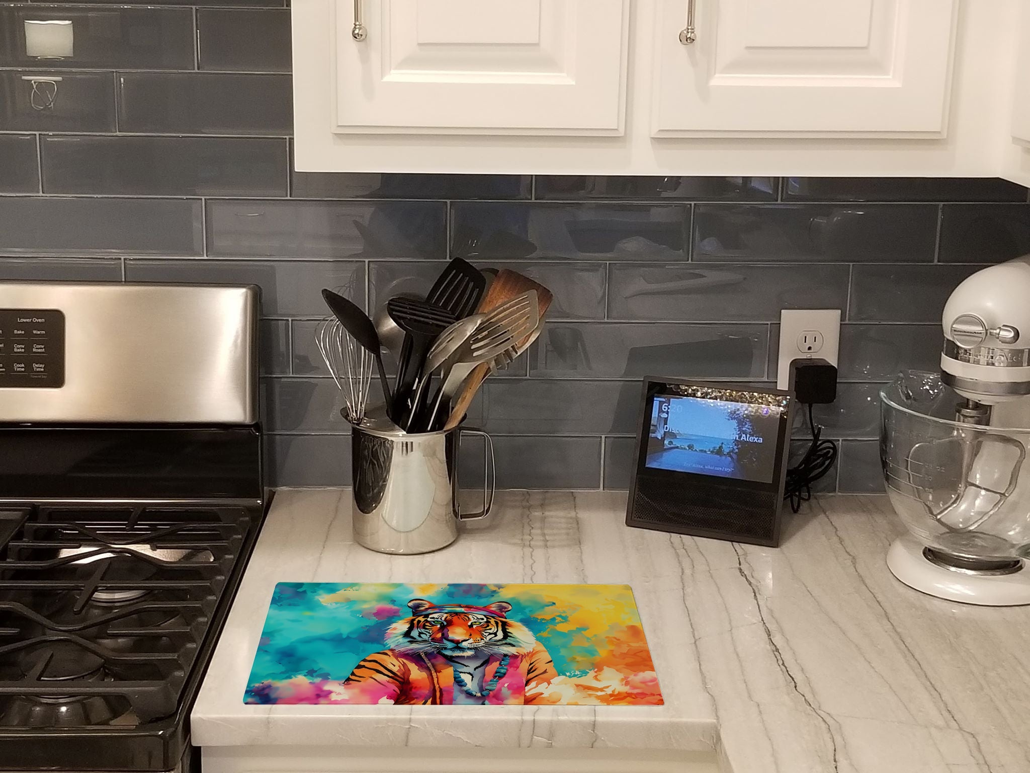Hippie Animal Bengal Tiger Cutting Board Tempered Glass Kitchen Cutting Surface, Heat Resistant Chopping, Non-Slip Feet, Food Prep & Serving