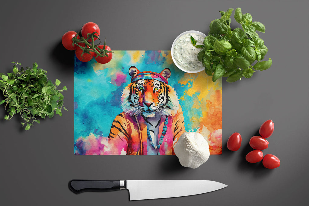 Hippie Animal Bengal Tiger Cutting Board Tempered Glass Kitchen Cutting Surface, Heat Resistant Chopping, Non-Slip Feet, Food Prep & Serving