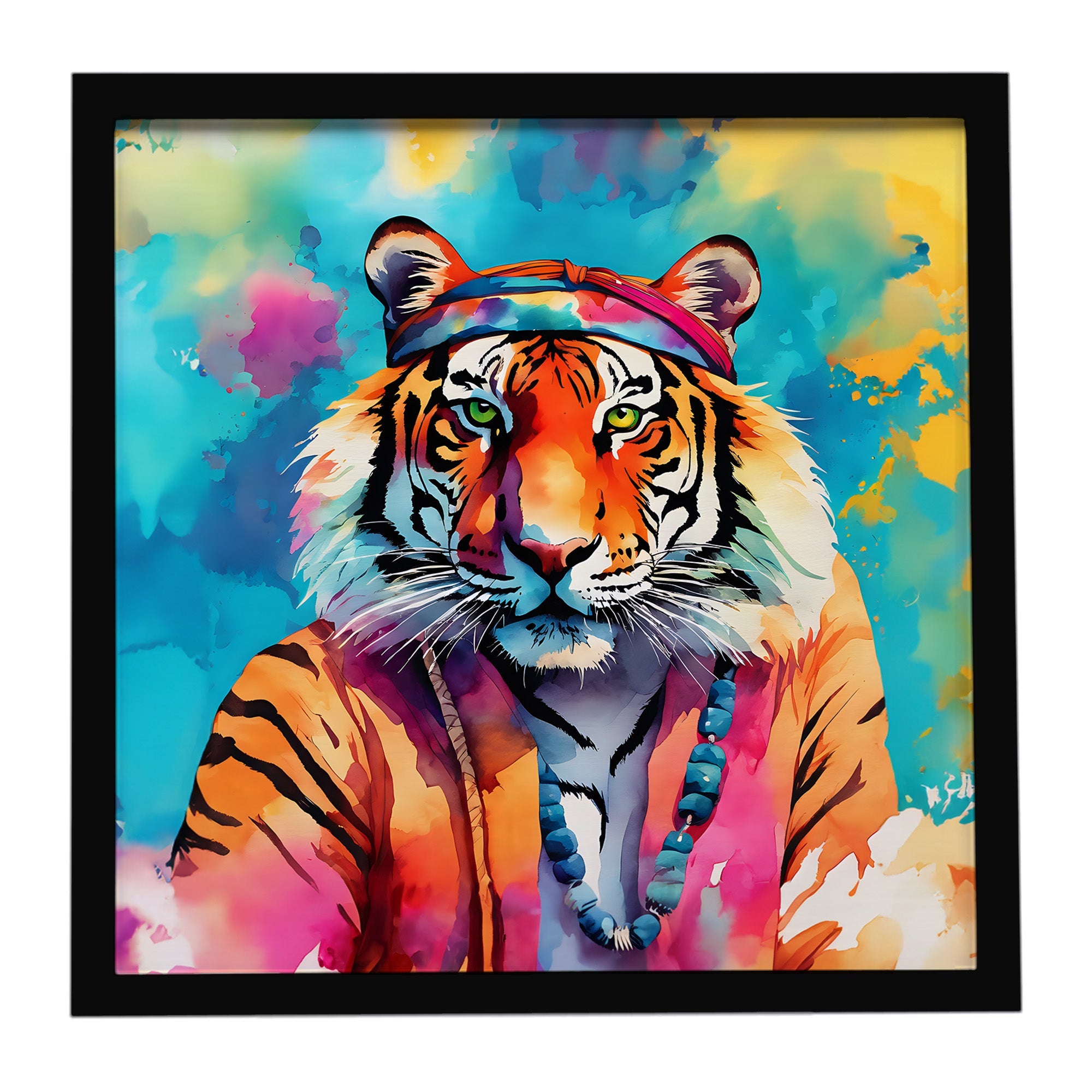 Hippie Animal Bengal Tiger Framed Metal Print Bathroom, Kitchen, Office, Home Decor Wall Art Ready to Hang, Square, 8X8