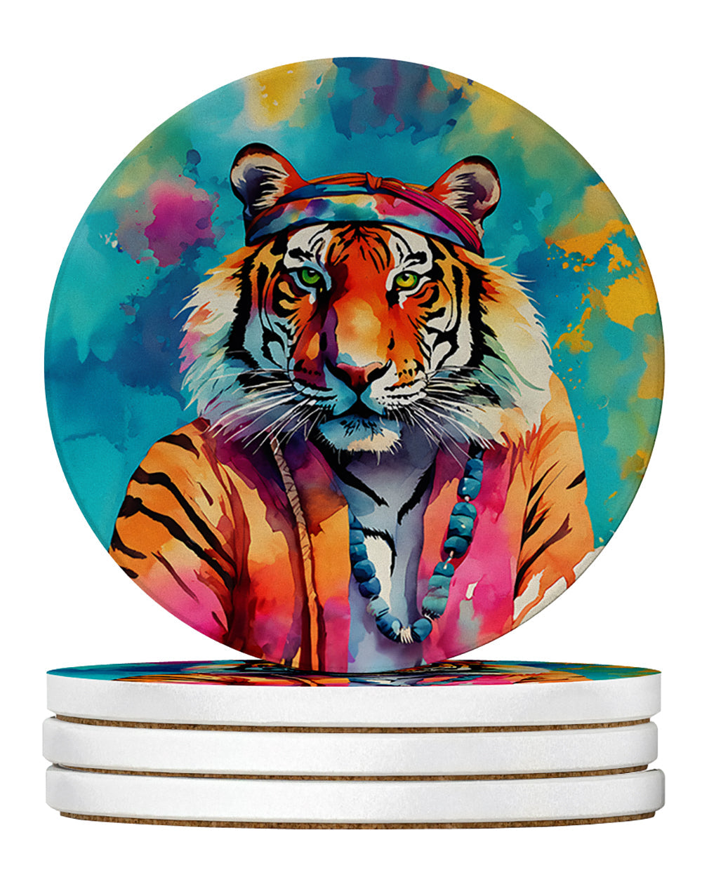 Hippie Animal Bengal Tiger Large Sandstone Coasters Pack of 4 Absorbent Round Coasters Decor Gifts for Men or Women, 4 in, Multicolor
