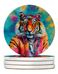 Hippie Animal Bengal Tiger Large Sandstone Coasters Pack of 4 Absorbent Round Coasters Decor Gifts for Men or Women, 4 in, Multicolor