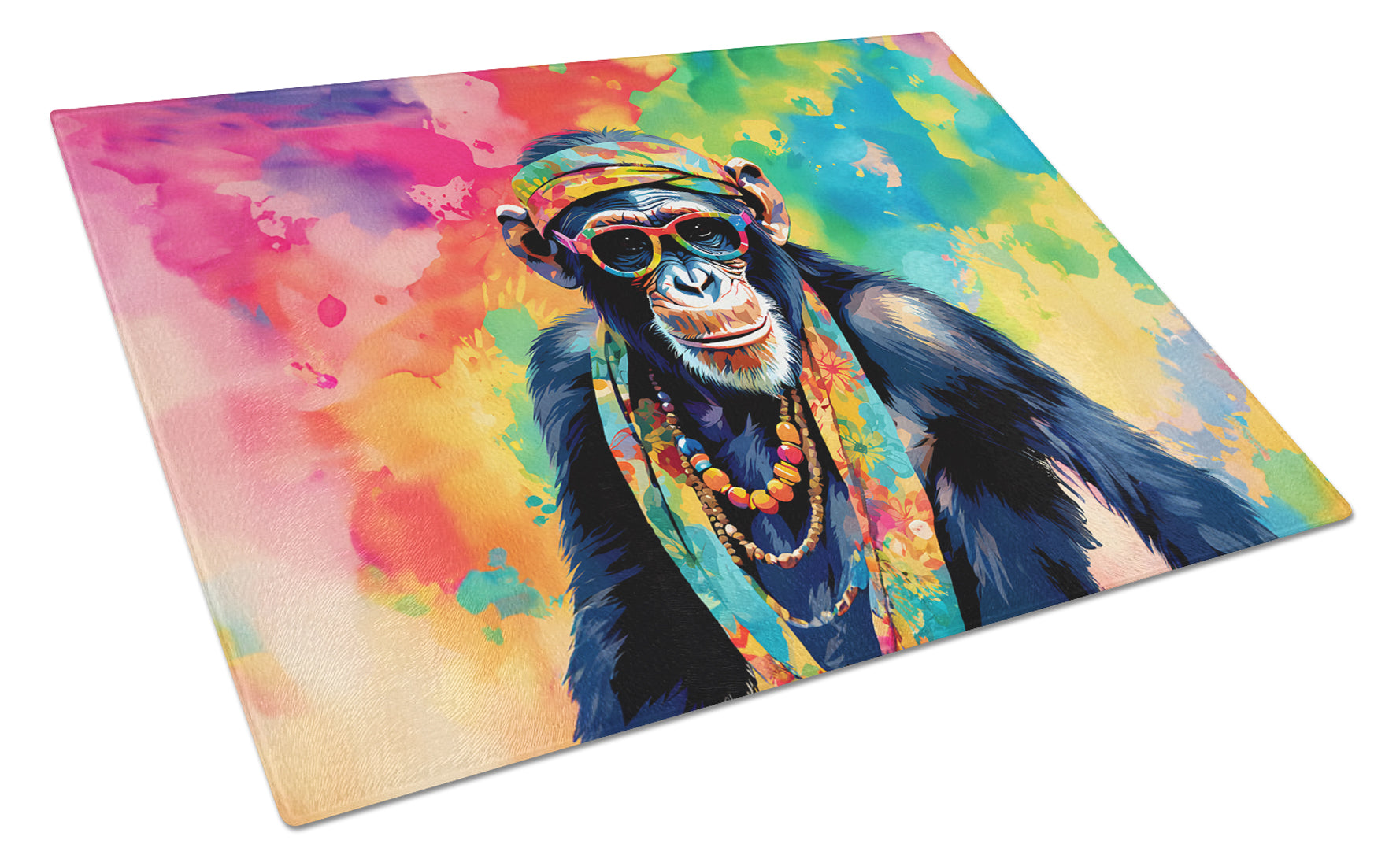 Hippie Animal Chimpanzee Cutting Board Tempered Glass Kitchen Cutting Surface, Heat Resistant Chopping, Non-Slip Feet, Food Prep & Serving