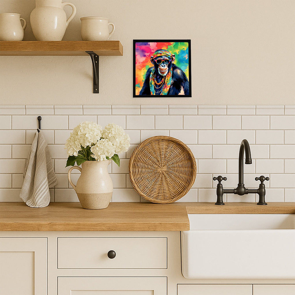 Hippie Animal Chimpanzee Framed Metal Print Bathroom, Kitchen, Office, Home Decor Wall Art Ready to Hang, Square, 8X8