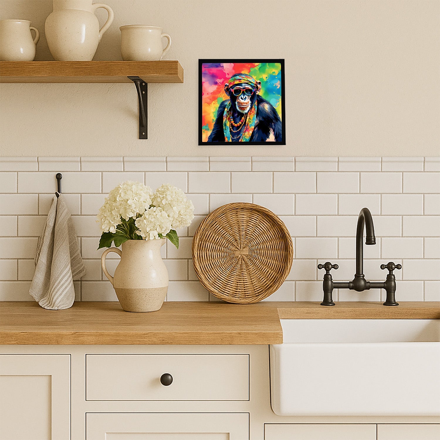 Hippie Animal Chimpanzee Framed Metal Print Bathroom, Kitchen, Office, Home Decor Wall Art Ready to Hang, Square, 8X8